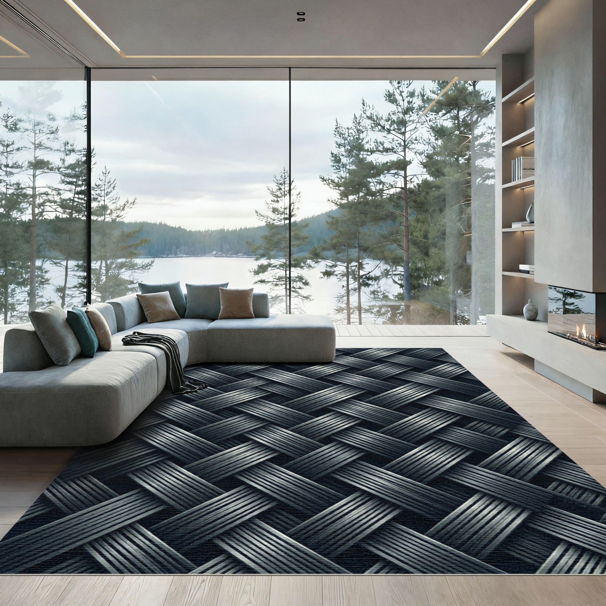 Monochrome Metallic Interwoven Diagonal Weave Rug