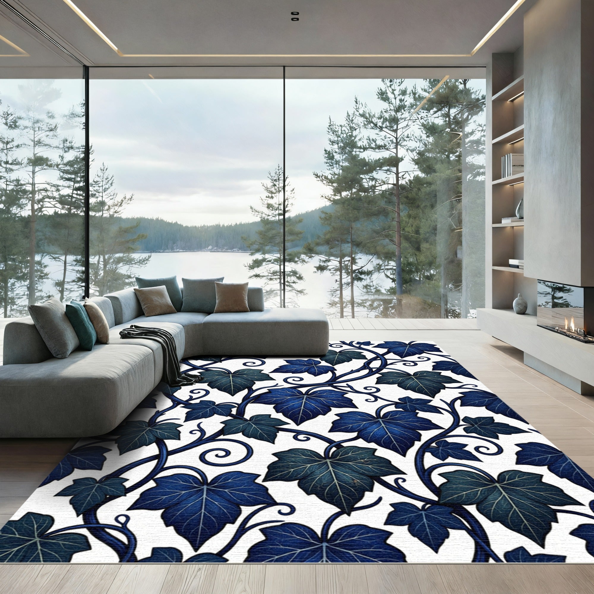 Deep Blue Ivy Vines Scroll Rug