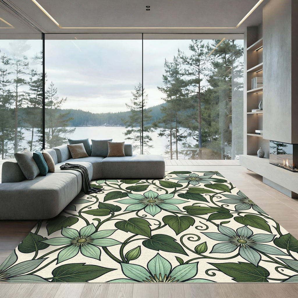 Sage Green Clematis Botanical Floral Rug