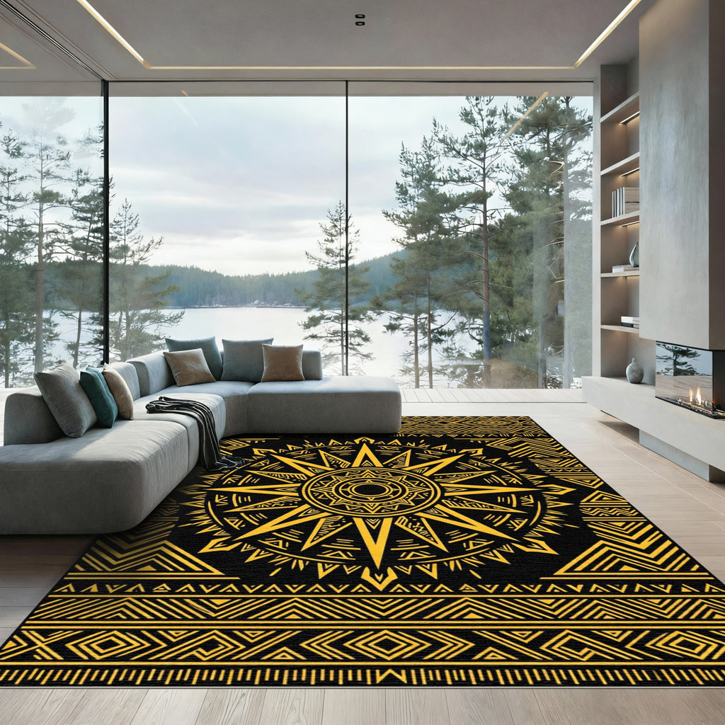 Golden Sunburst Geometric Ethnic Art Rug