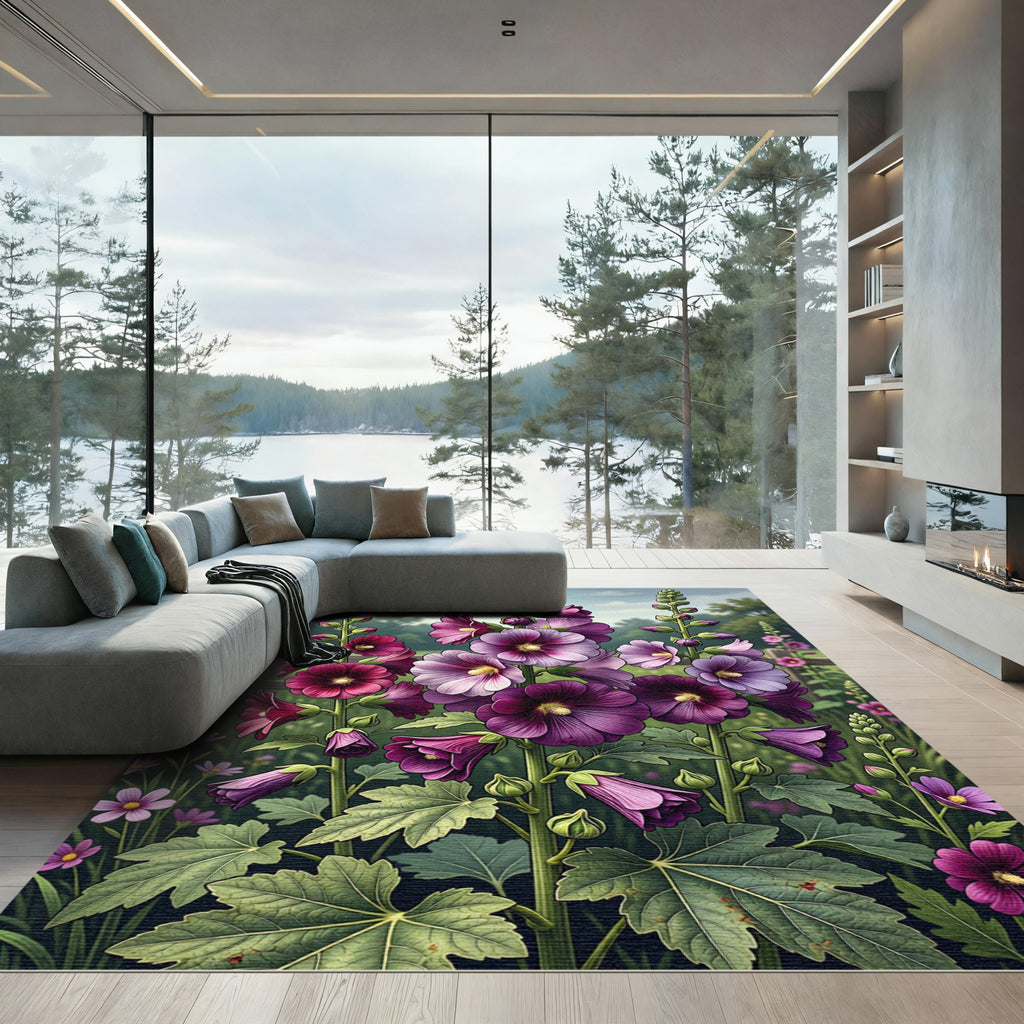 Vibrant Purple Hollyhock Floral Garden Rug