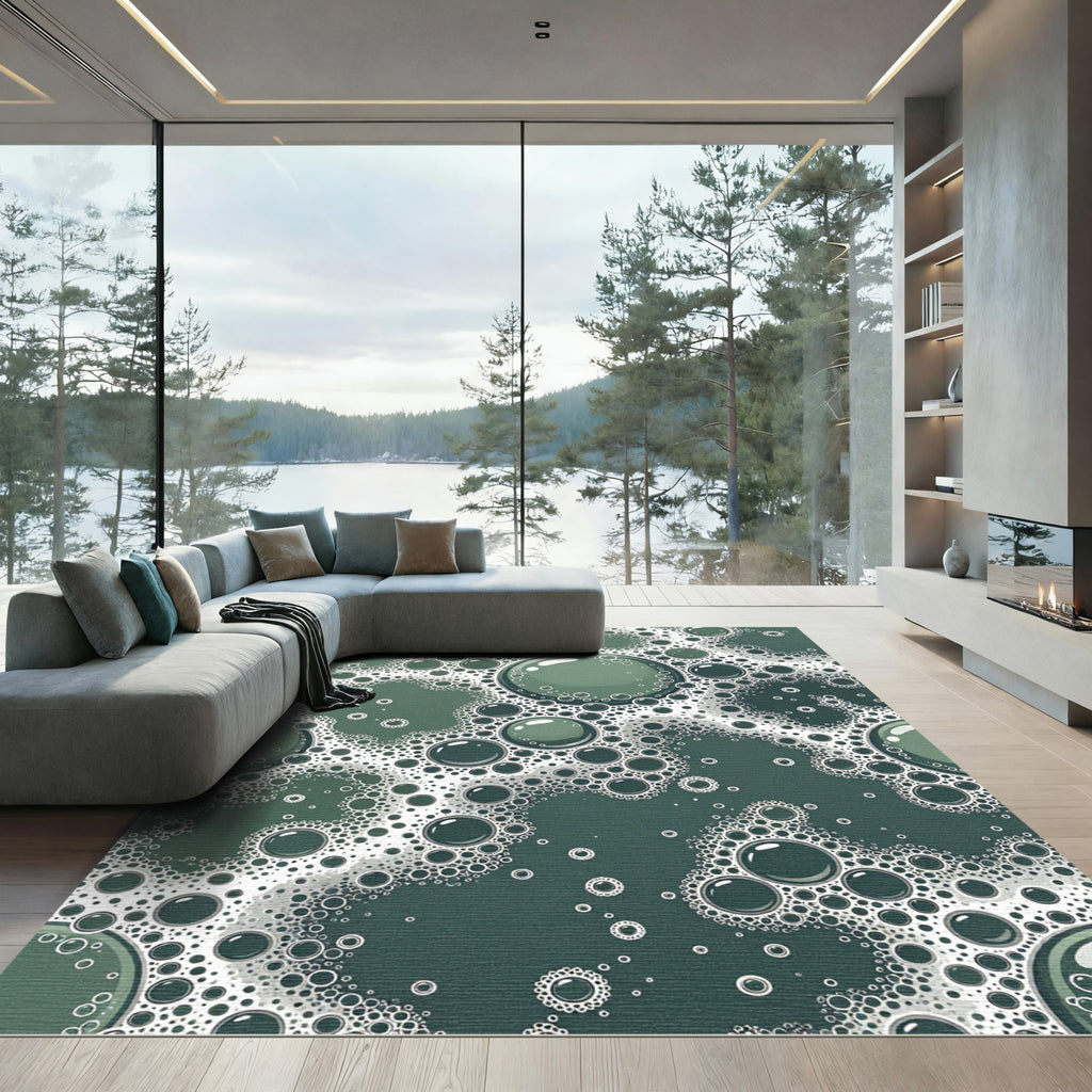 Ethereal Dark Green Bubbles Abstract Art Rug