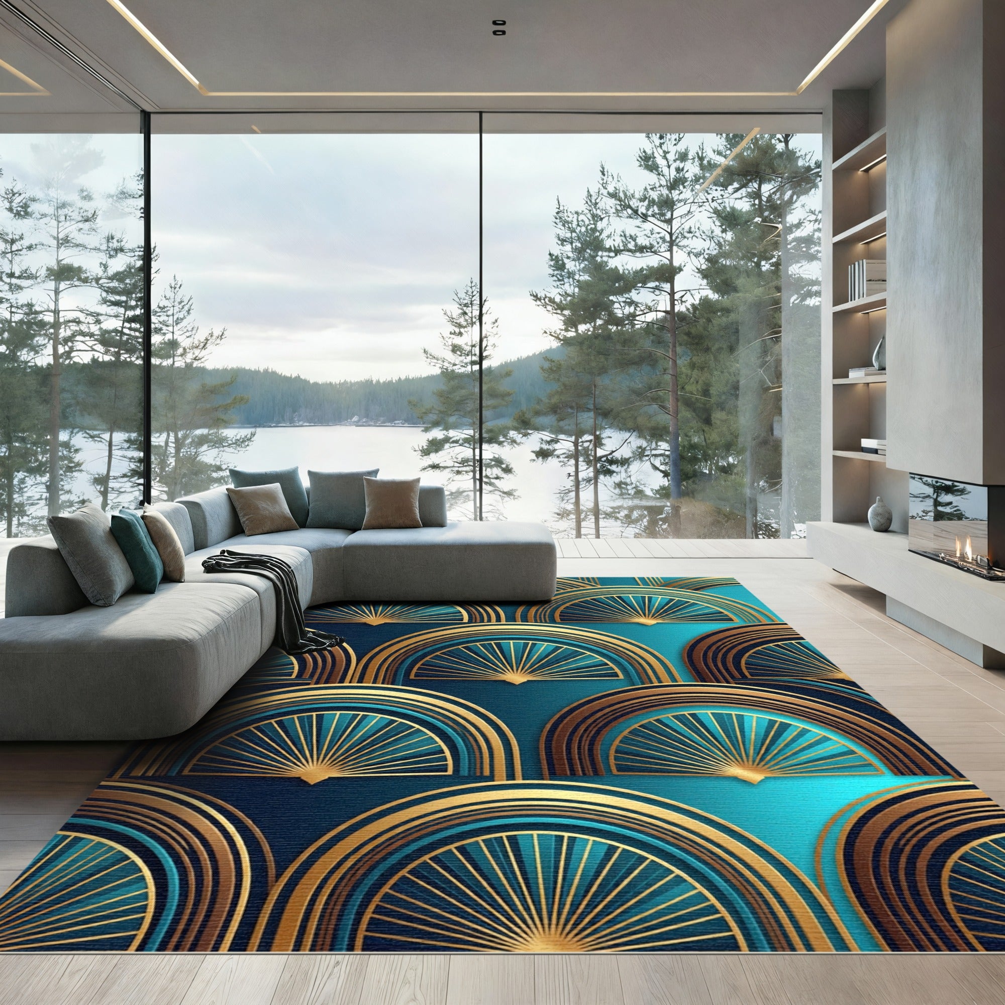 Art Deco Teal and Golden Fan Rug