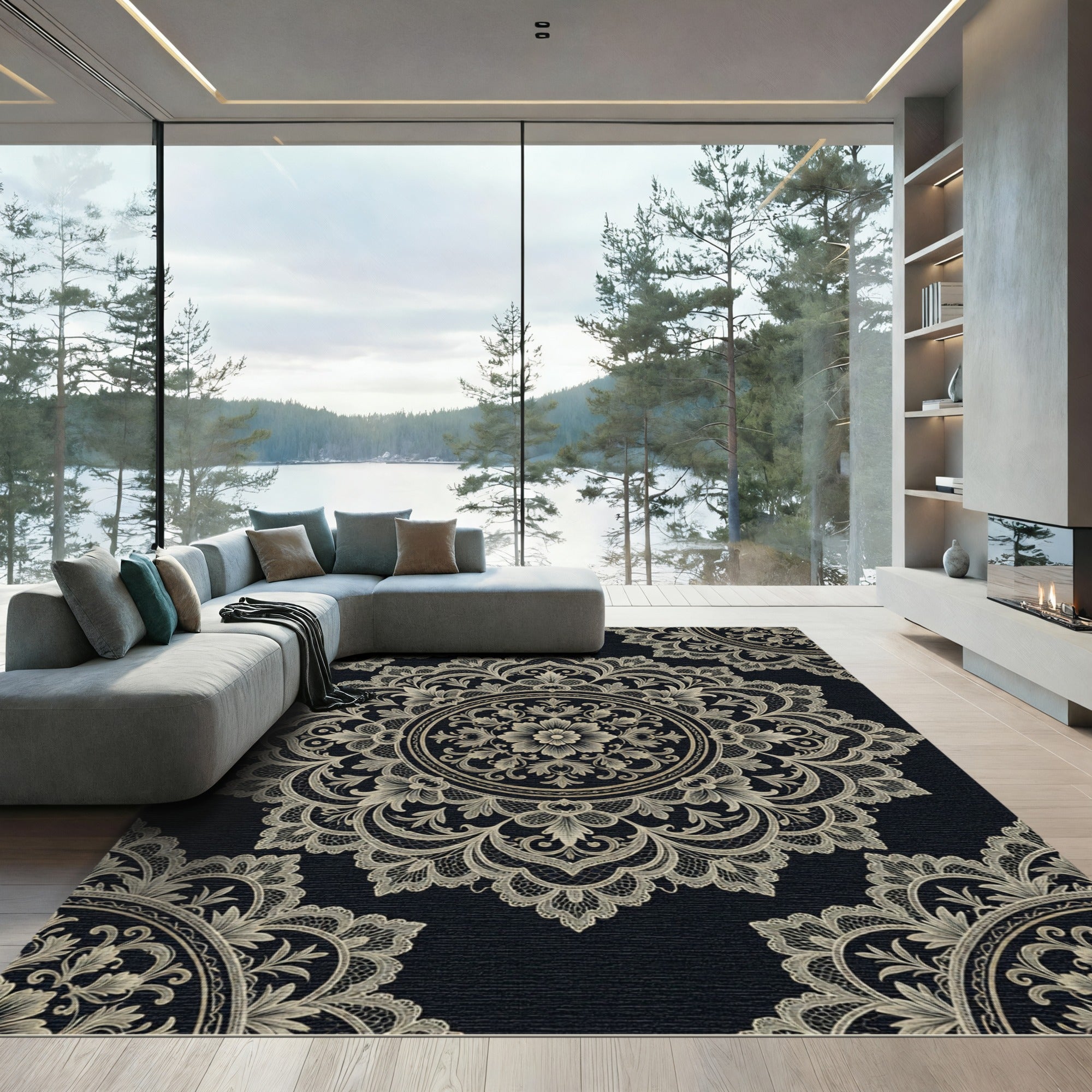 Elegant Black and Gold Lace Medallion Rug
