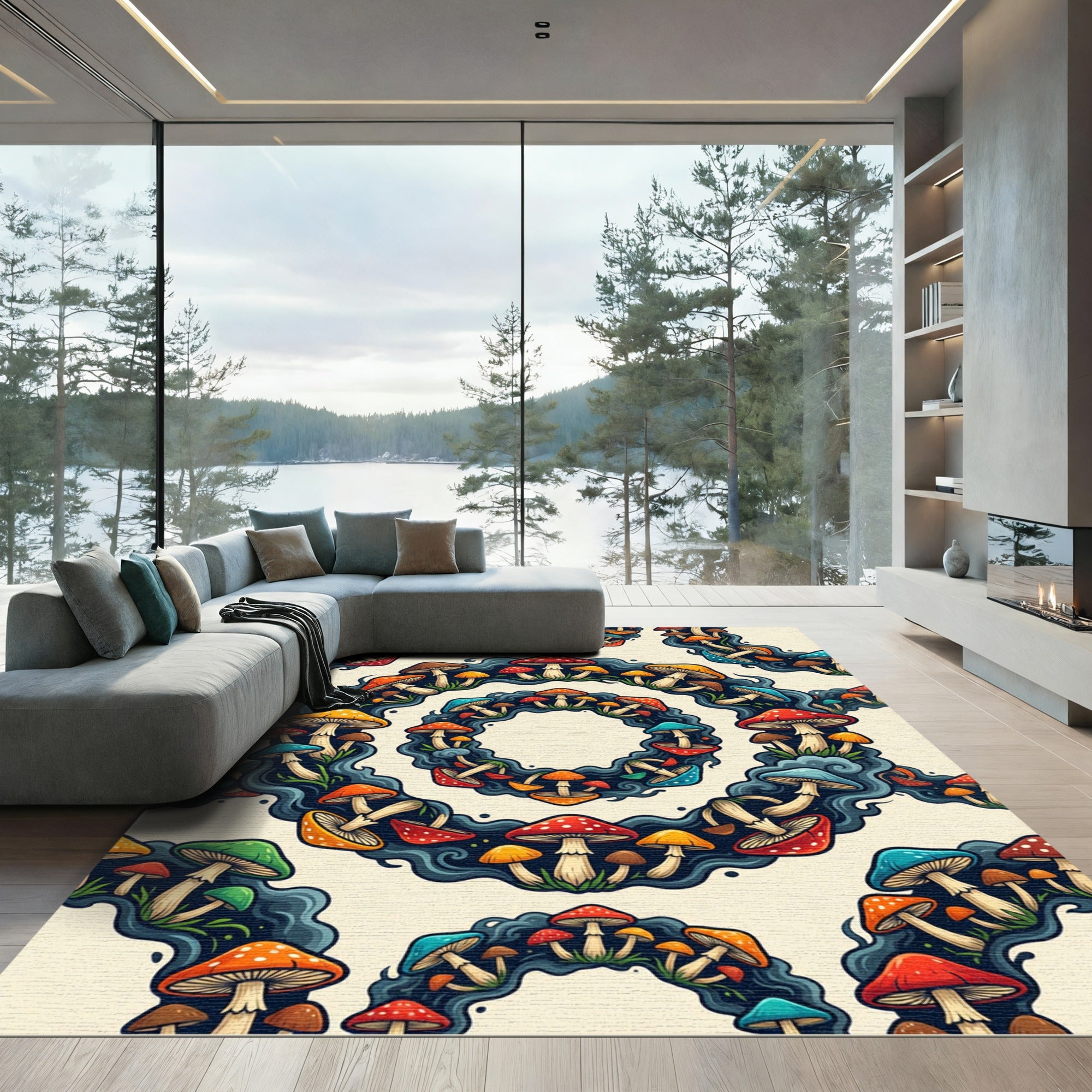 Whimsical Colorful Mushroom Forest Circular Arrangement Rug