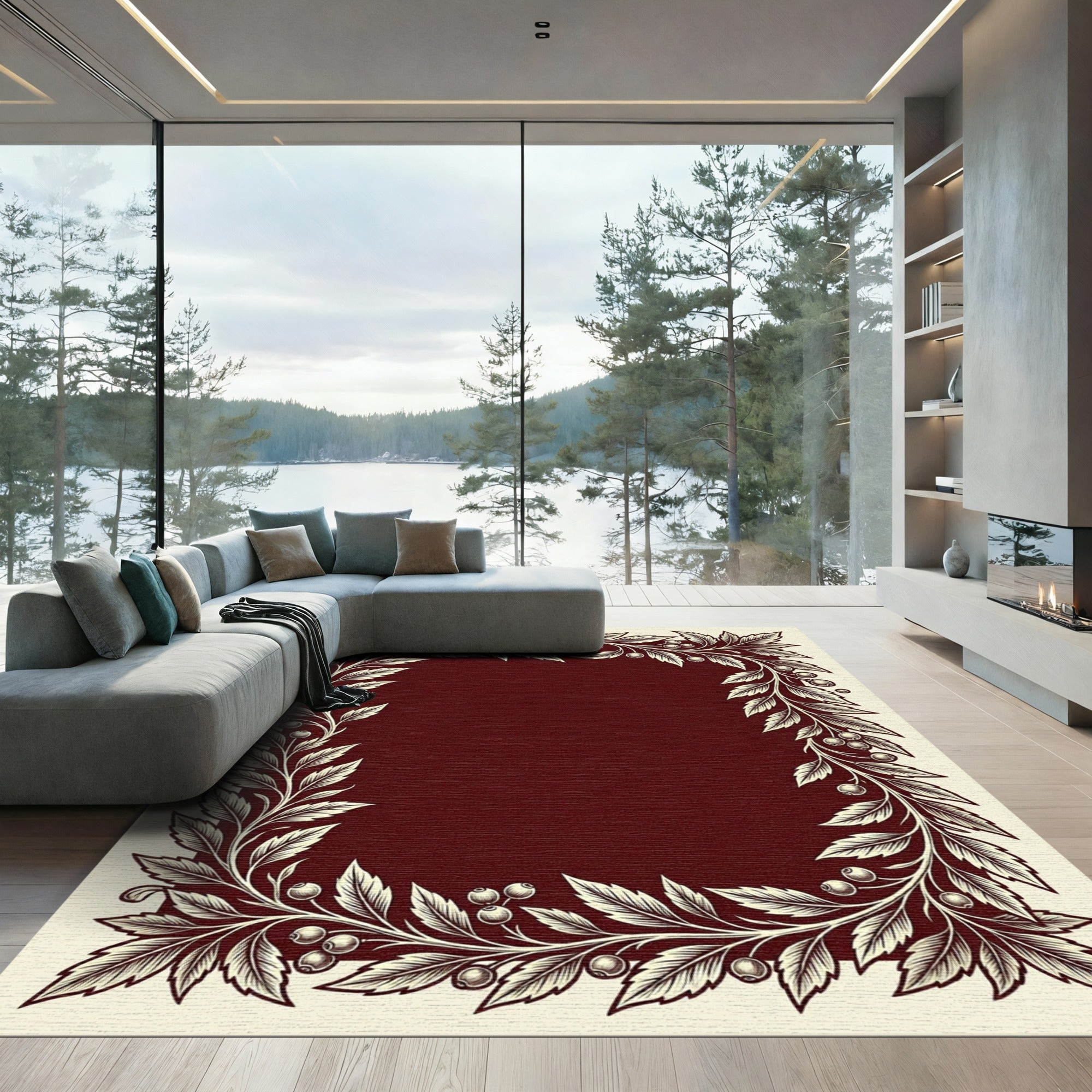 Rich Cherry Blossom Garland Border Rug