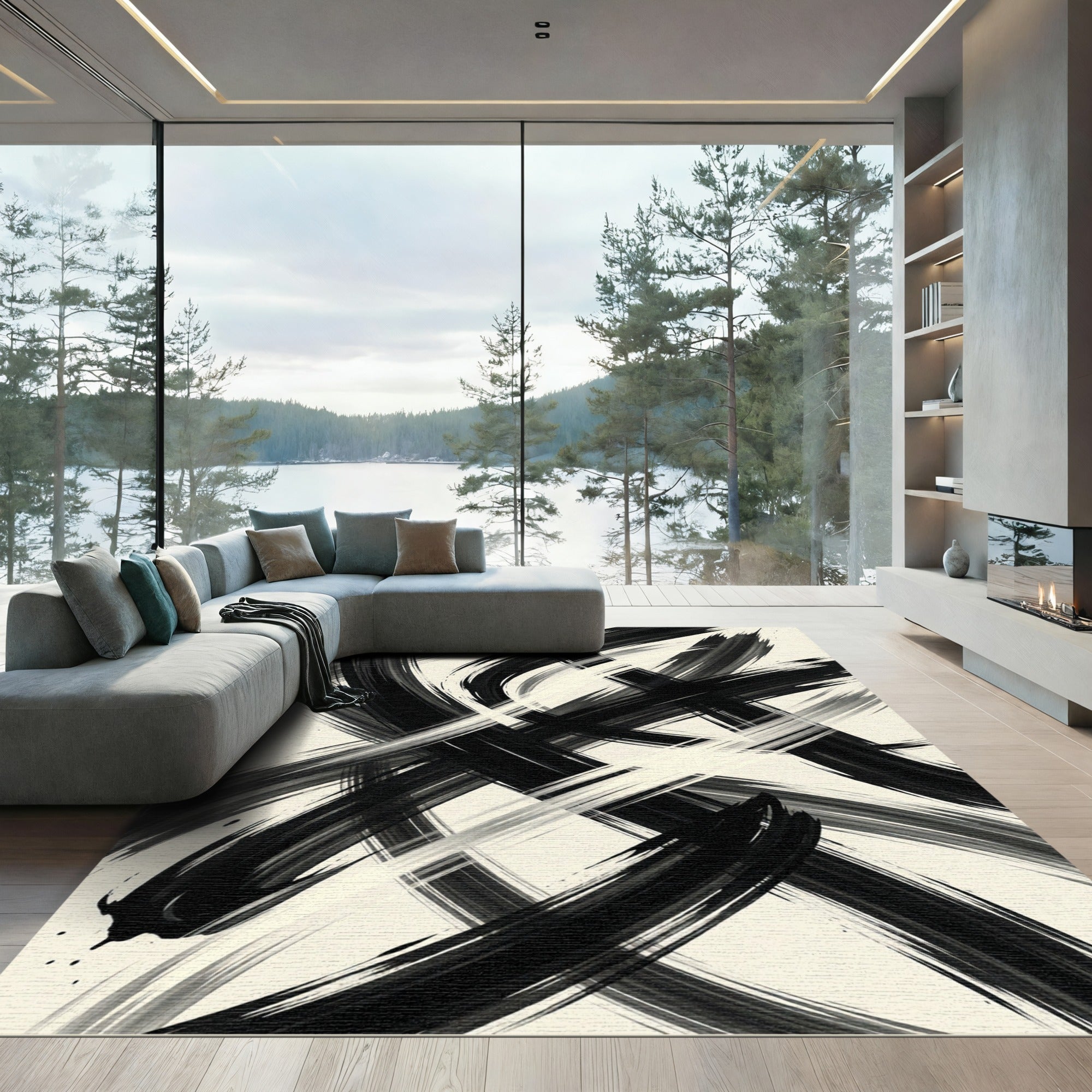 Monochromatic Abstract Black and White Brushstroke Rug