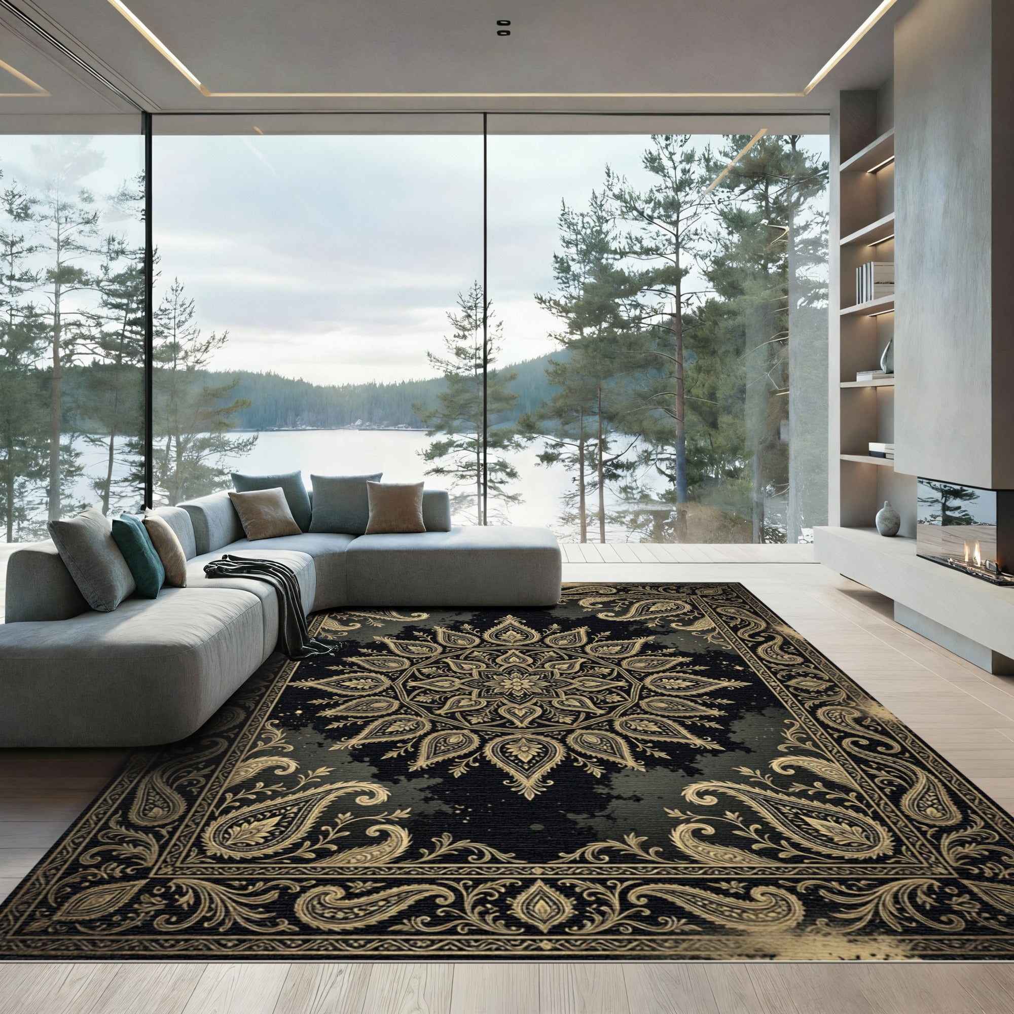 Elegant Gold Ornate Paisley Mandala Rug