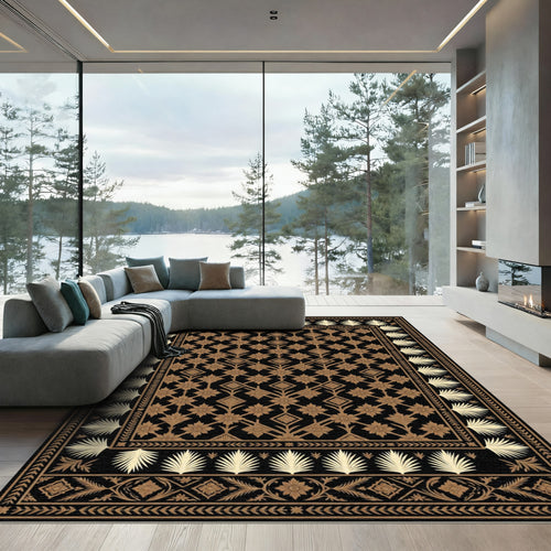Black and Gold Floral and Leaf Border Rug