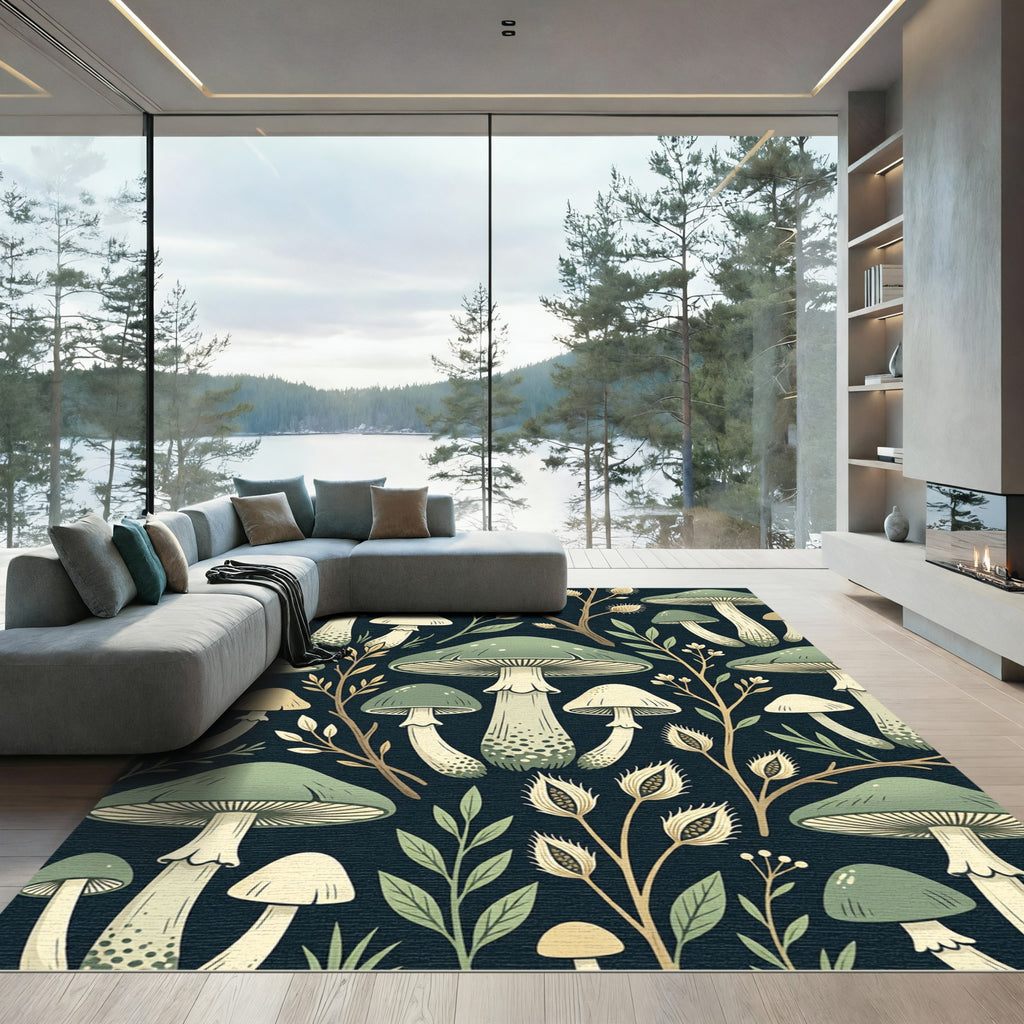 Sage Mushroom and Botanical Forest Illustration Rug