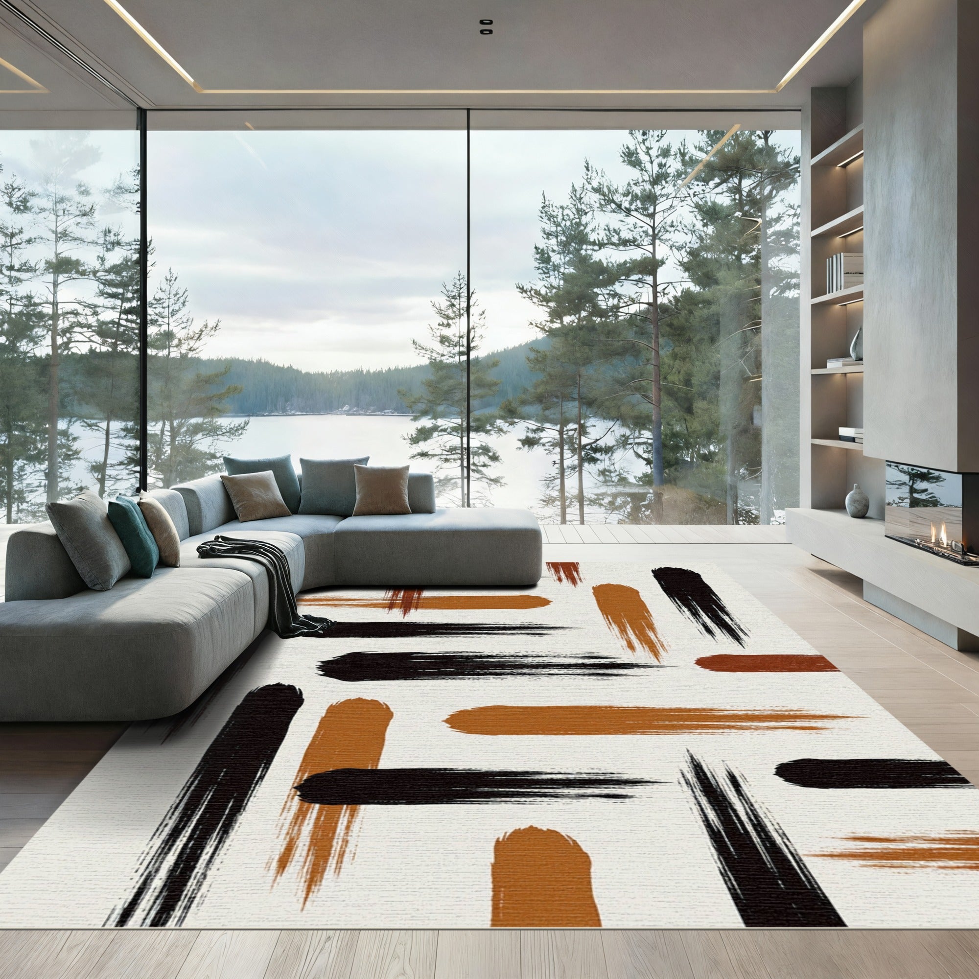 Modern Earthy Brown Black Abstract Brushstroke Rug