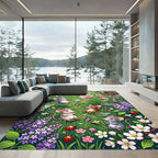 Whimsical Spring Meadow Floral Mouse Scene Rug
