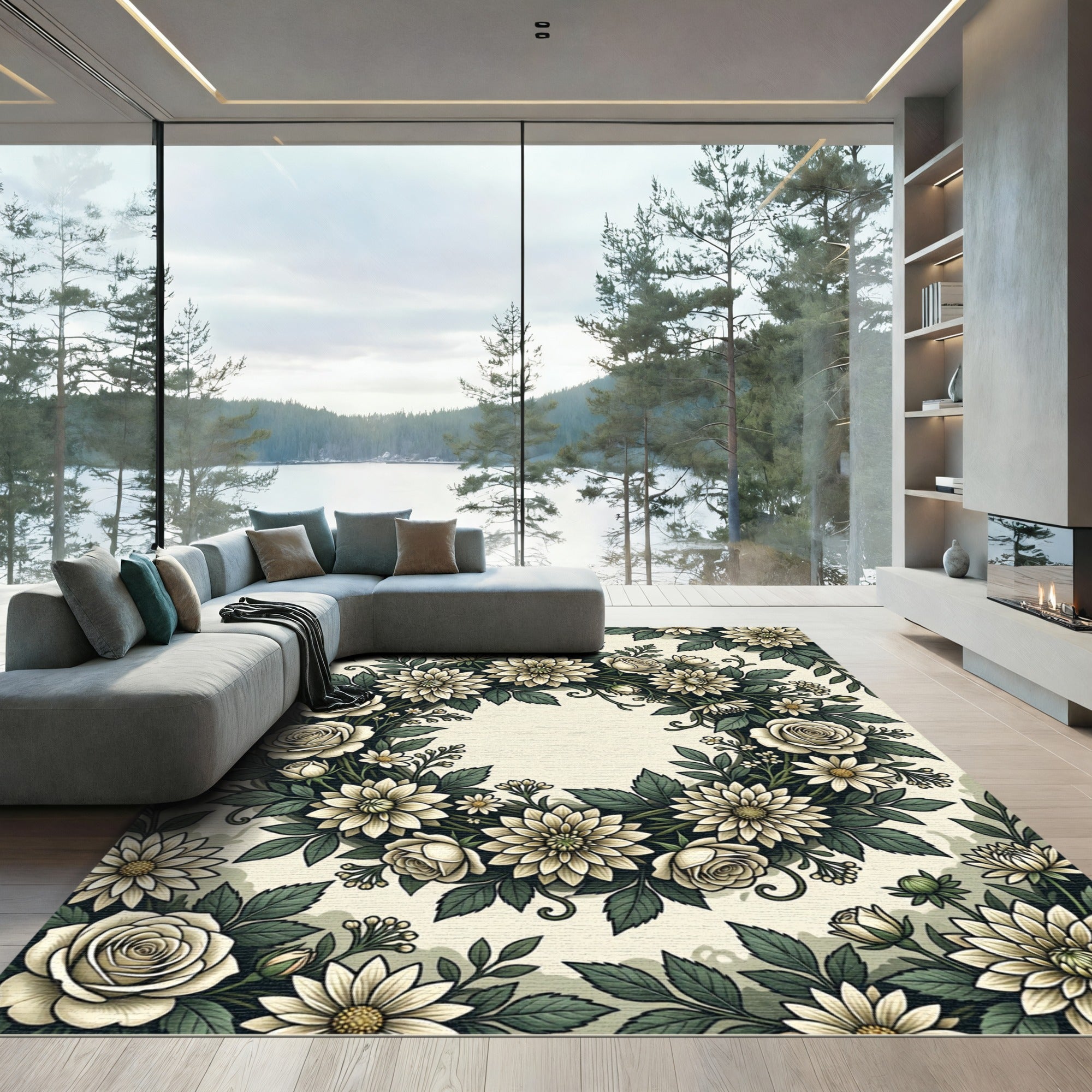 Cream Floral Wreath Botanical Tapestry Rug