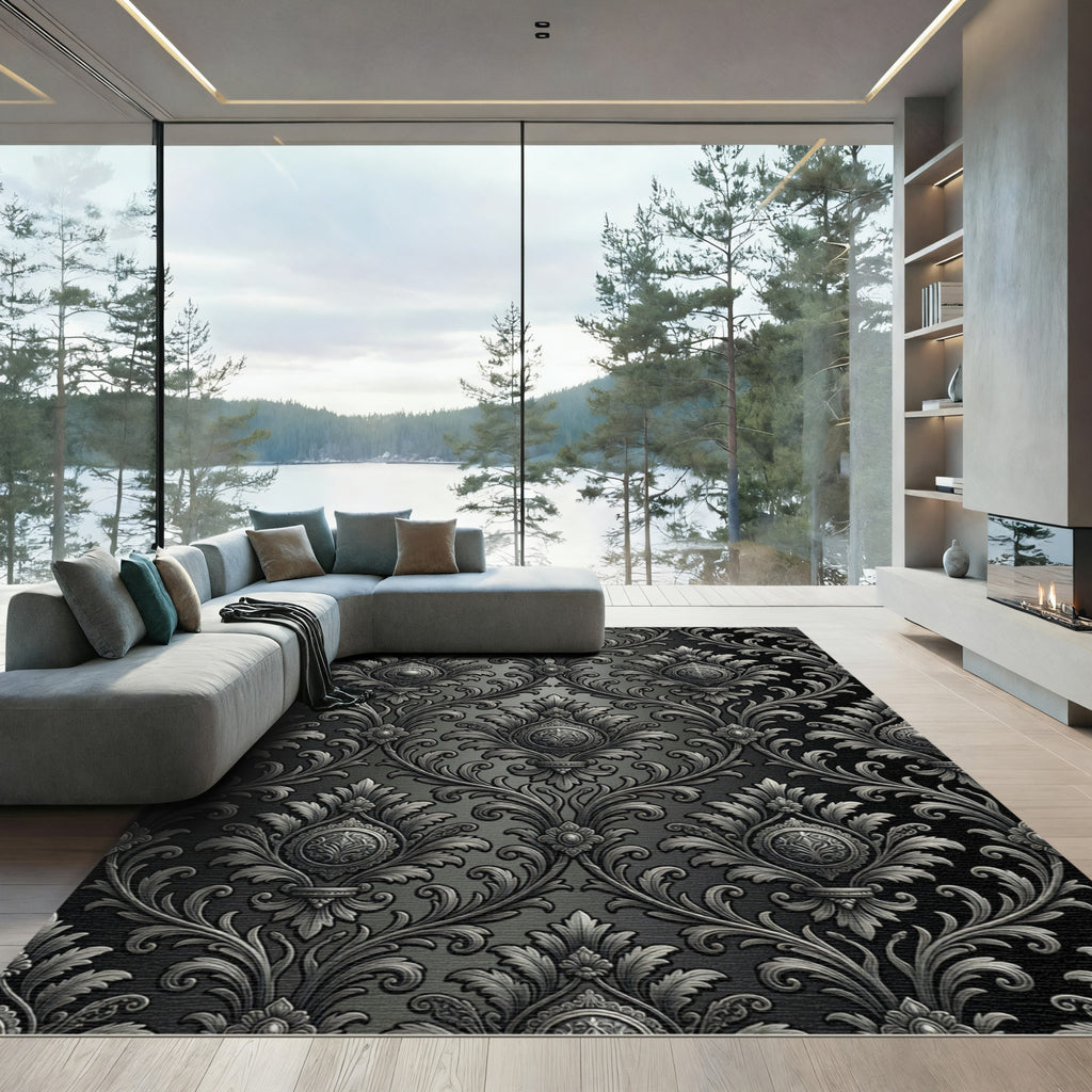 Elegant Silver Damask Charcoal Scroll Rug