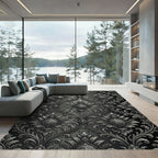 Elegant Silver Damask Charcoal Scroll Rug