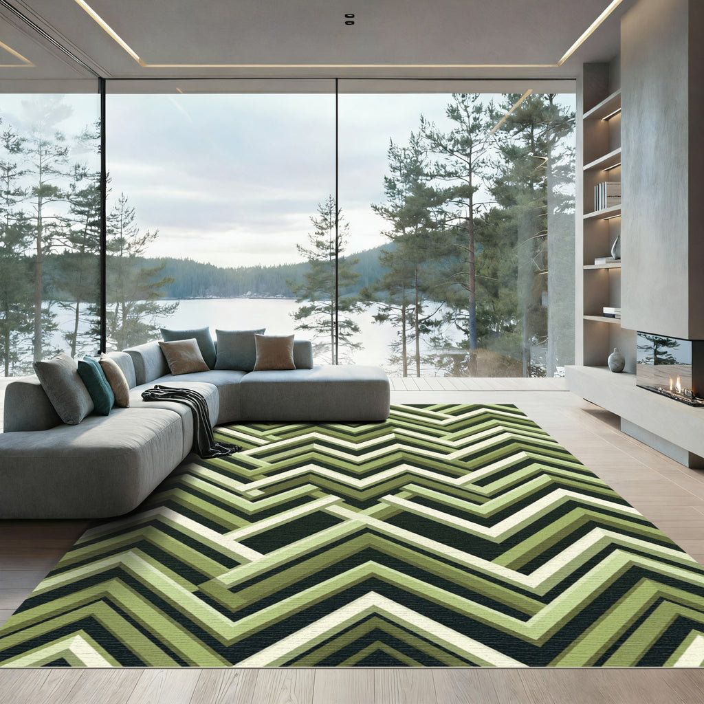 Geometric Olive Green Zigzag Chevron Rug