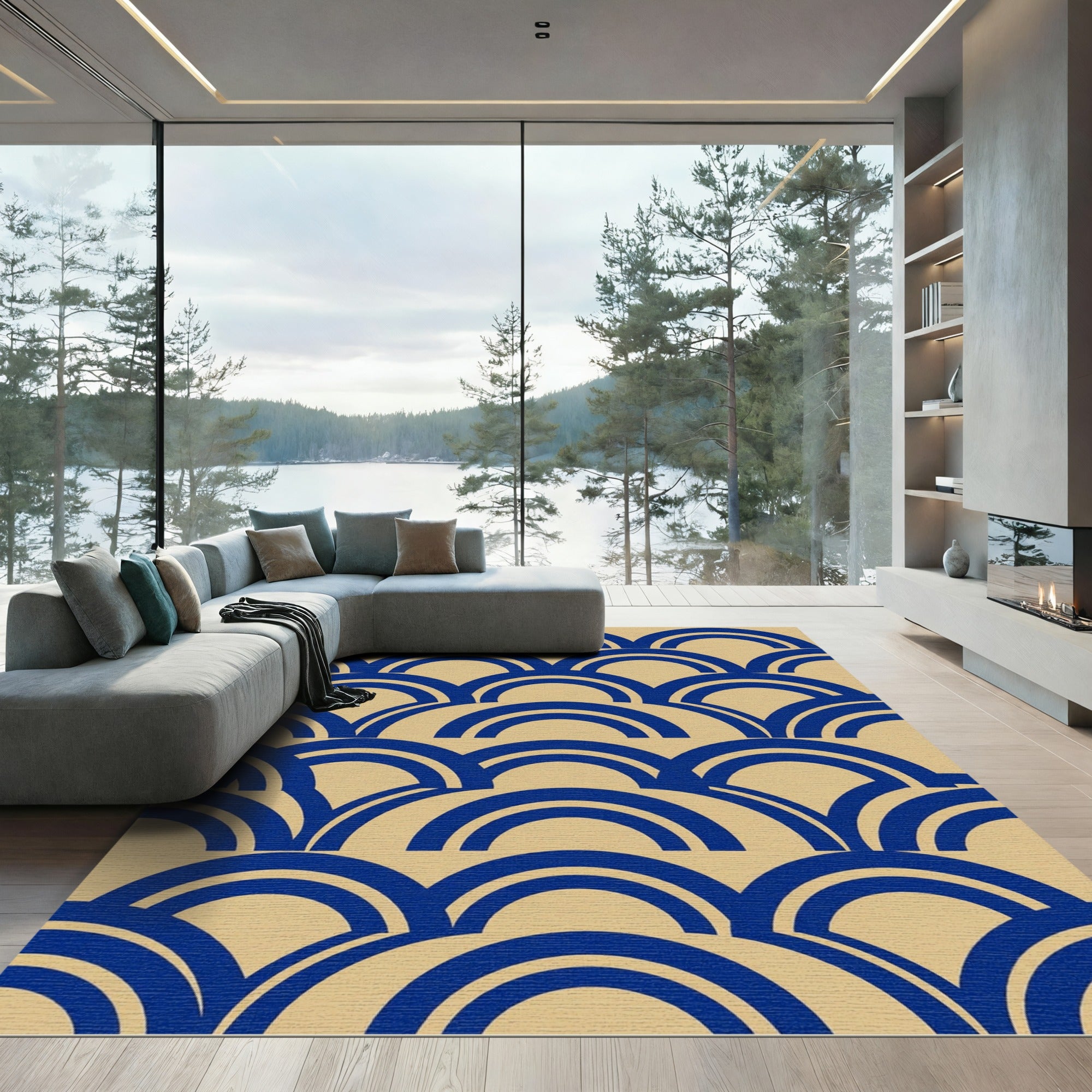 Bold Navy Blue Geometric Arch Grid Rug