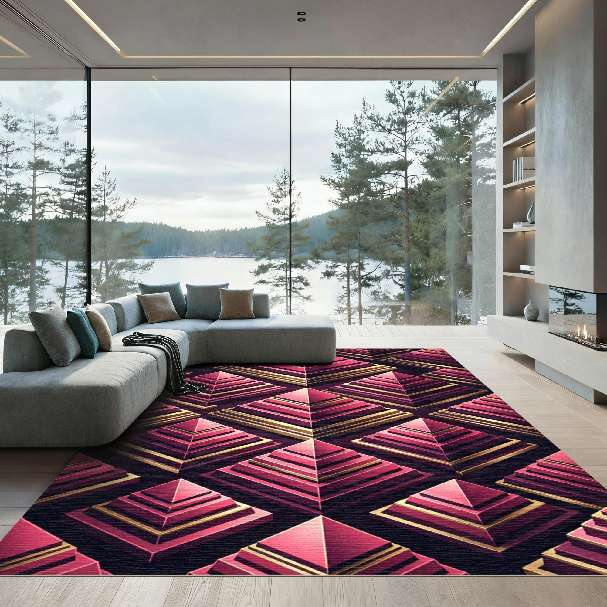 Sophisticated Gold and Magenta Geometric Pyramids Rug