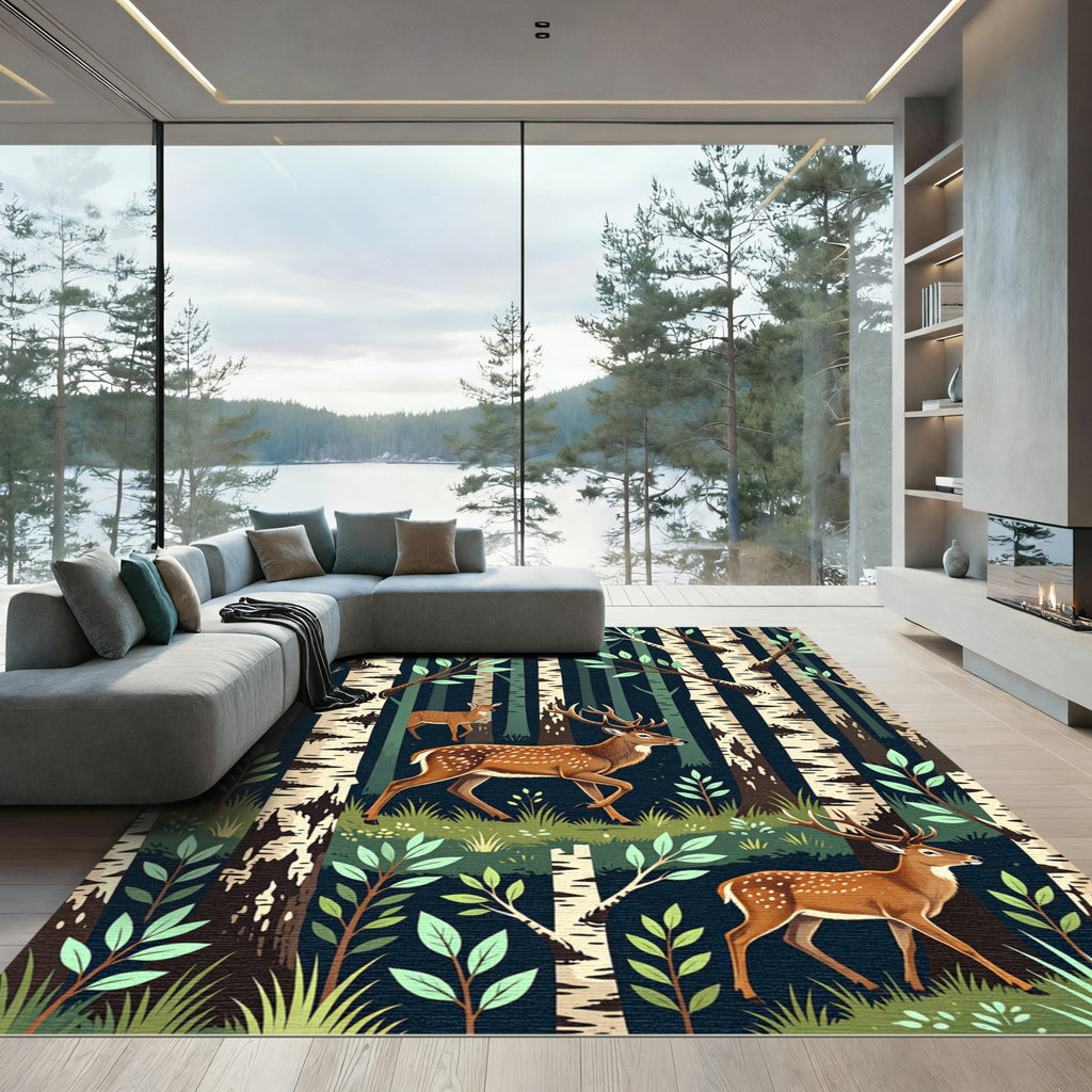 Enchanted Forest Deer Birch Woodland Rug