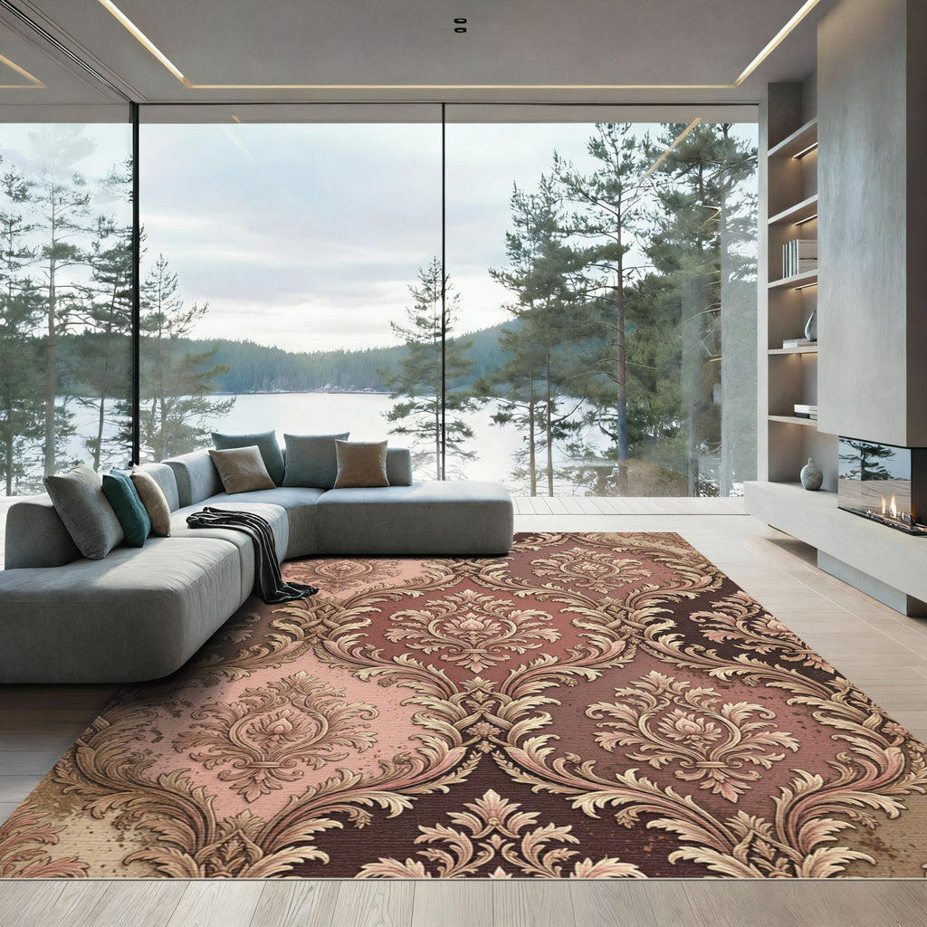 Vintage Damask Floral Ochre Rose Area Rug