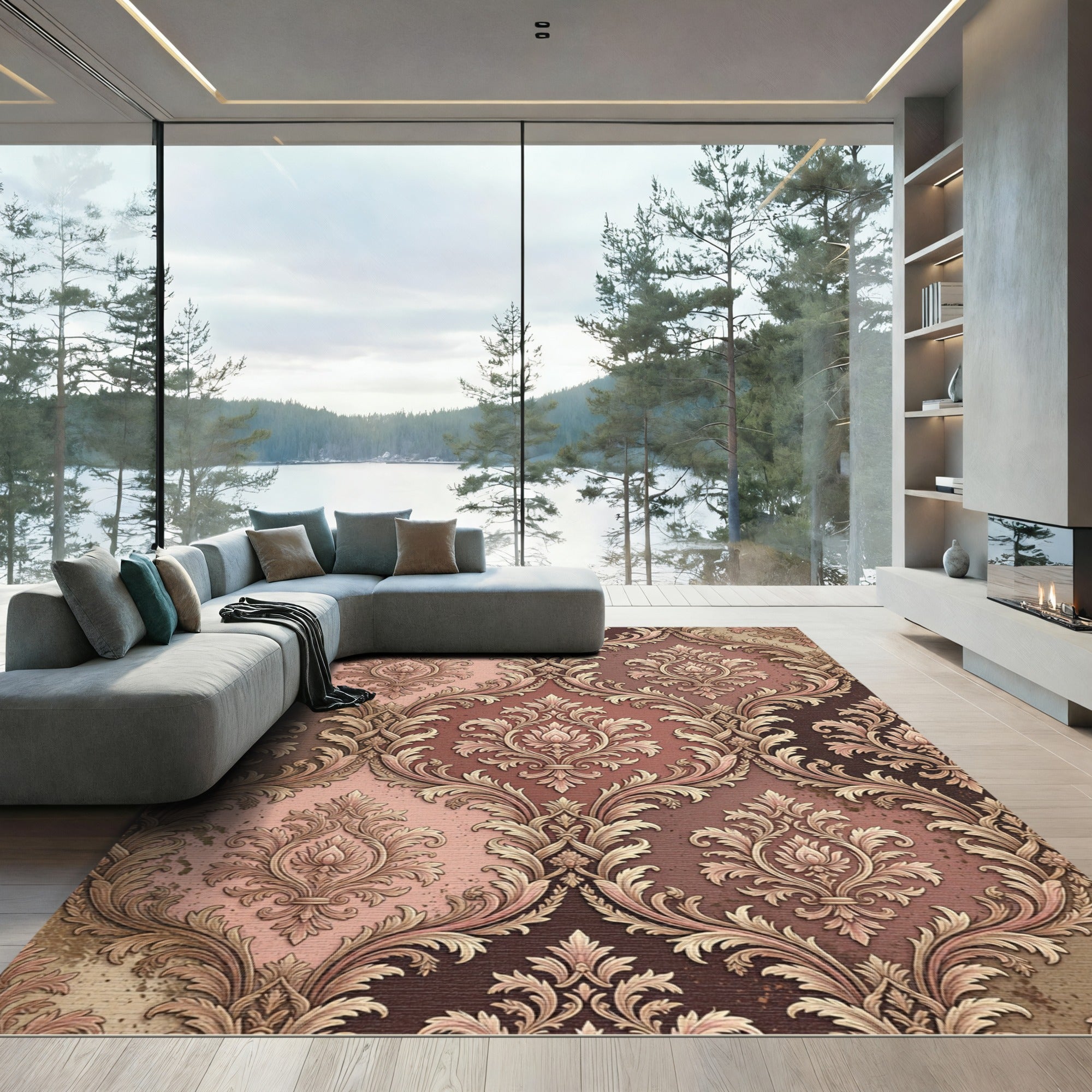 Vintage Damask Floral Ochre Rose Area Rug