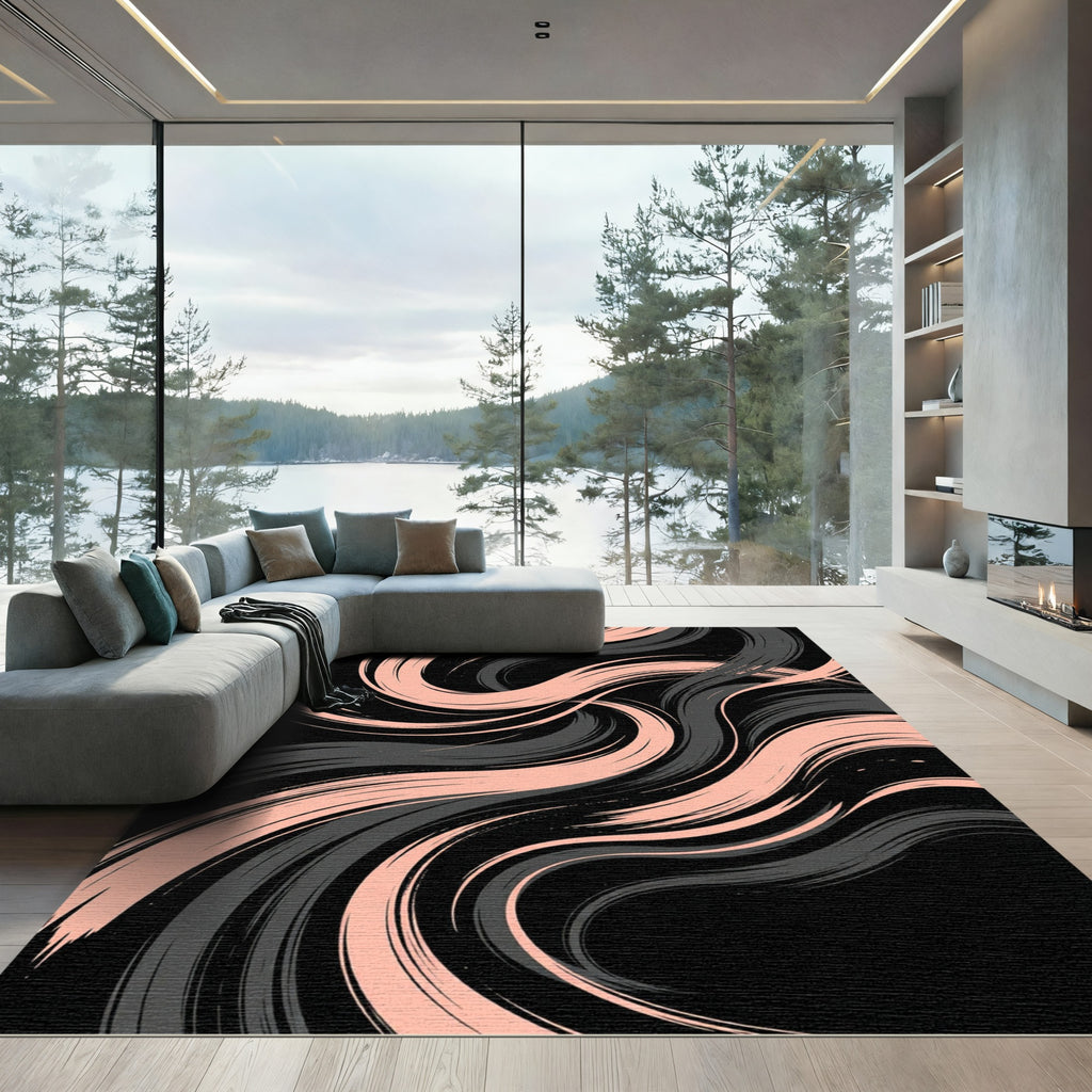 Abstract Pink and Charcoal Swirling Waves Rug