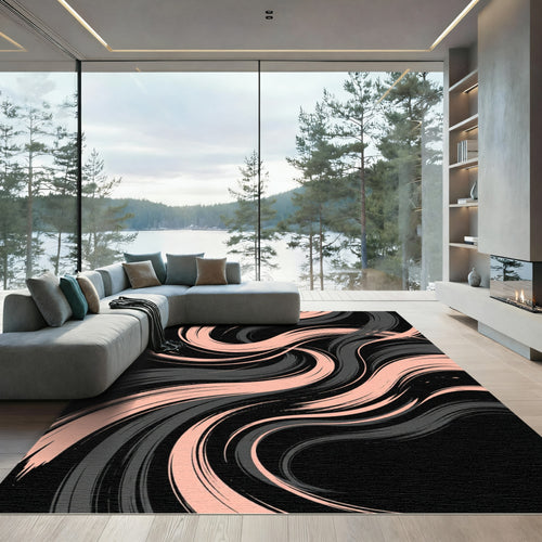 Abstract Pink and Charcoal Swirling Waves Rug