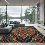 Symmetrical Teal and Amber Swirl Medallion Rug