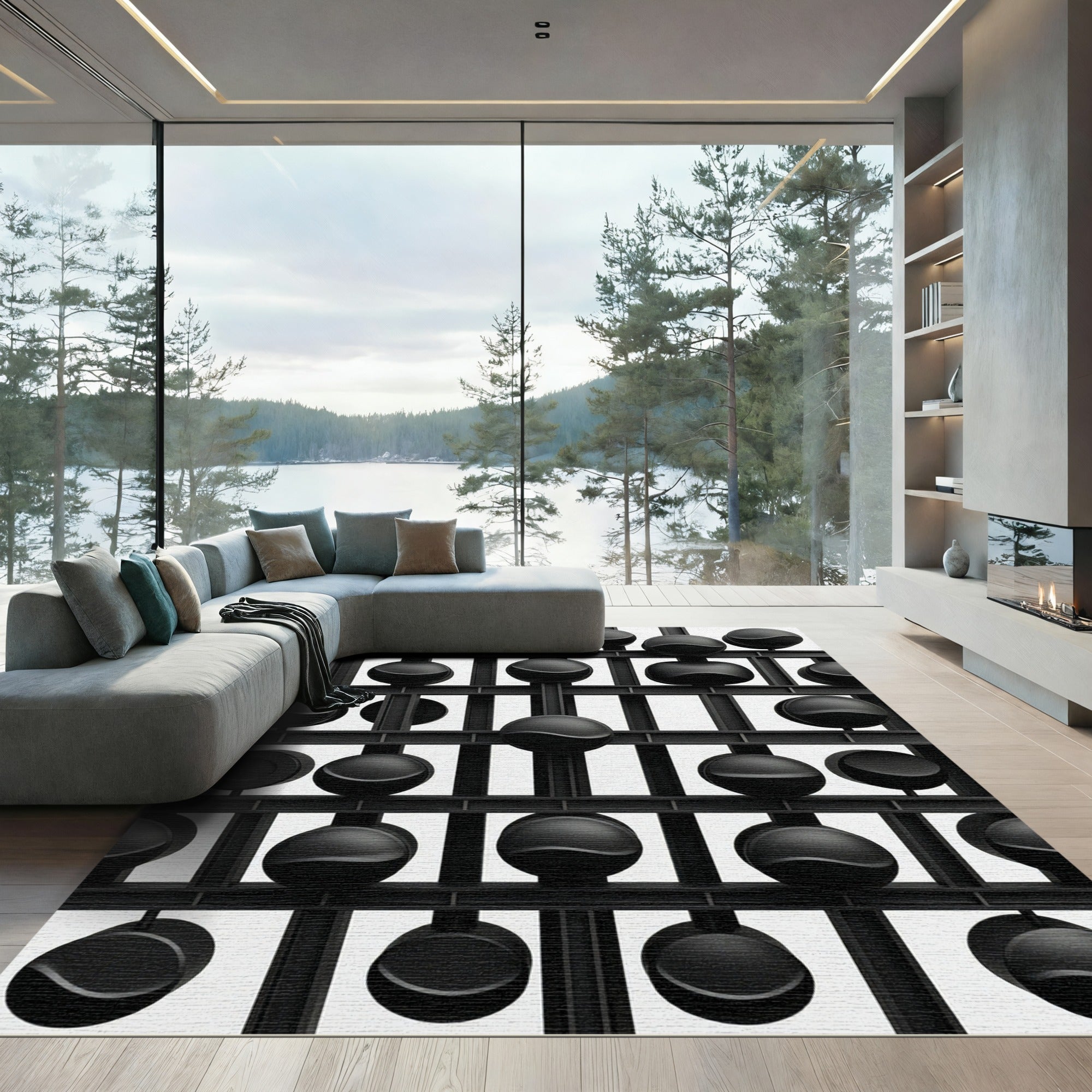 Monochromatic Black Sphere Grid Rug