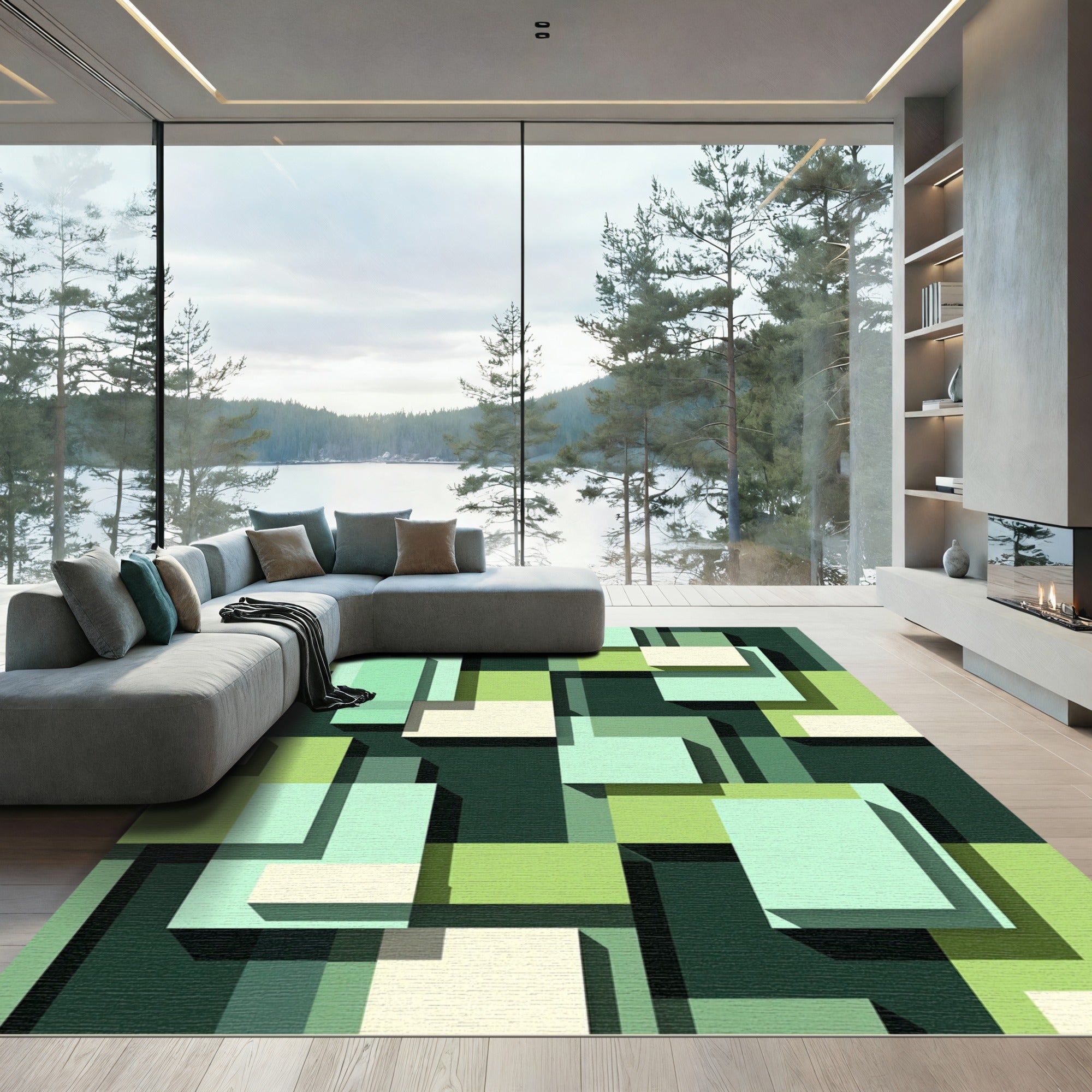 Abstract Green Tones Geometric Composition Rug