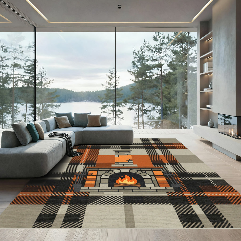 Cozy Orange Plaid Hearth Fireplace Rug