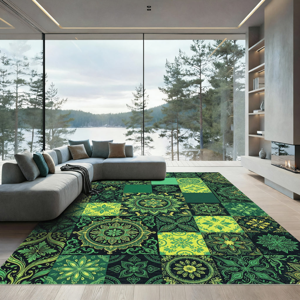 Emerald Green Paisley Mandala Patchwork Rug