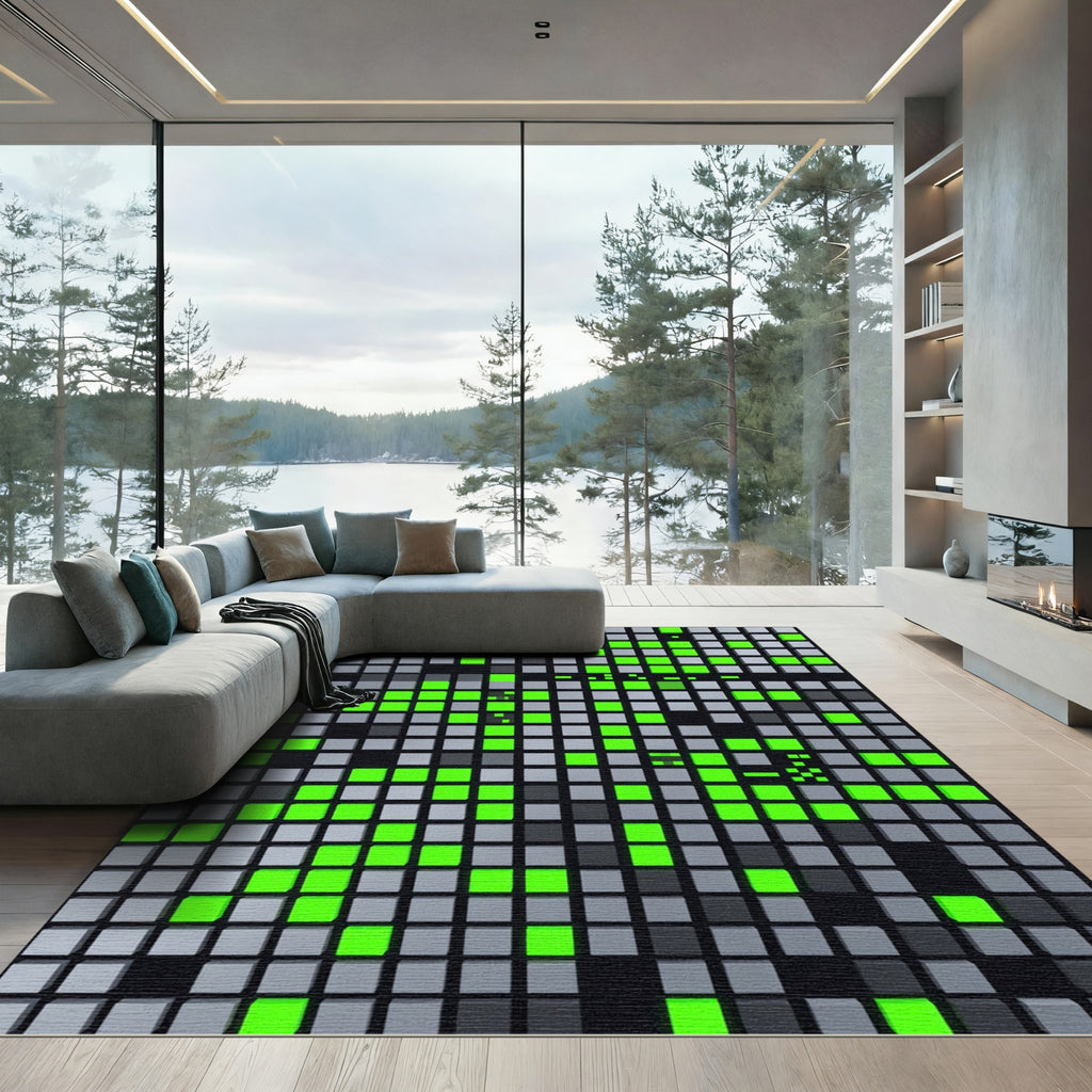 Neon Green Gray Digital Grid Rug