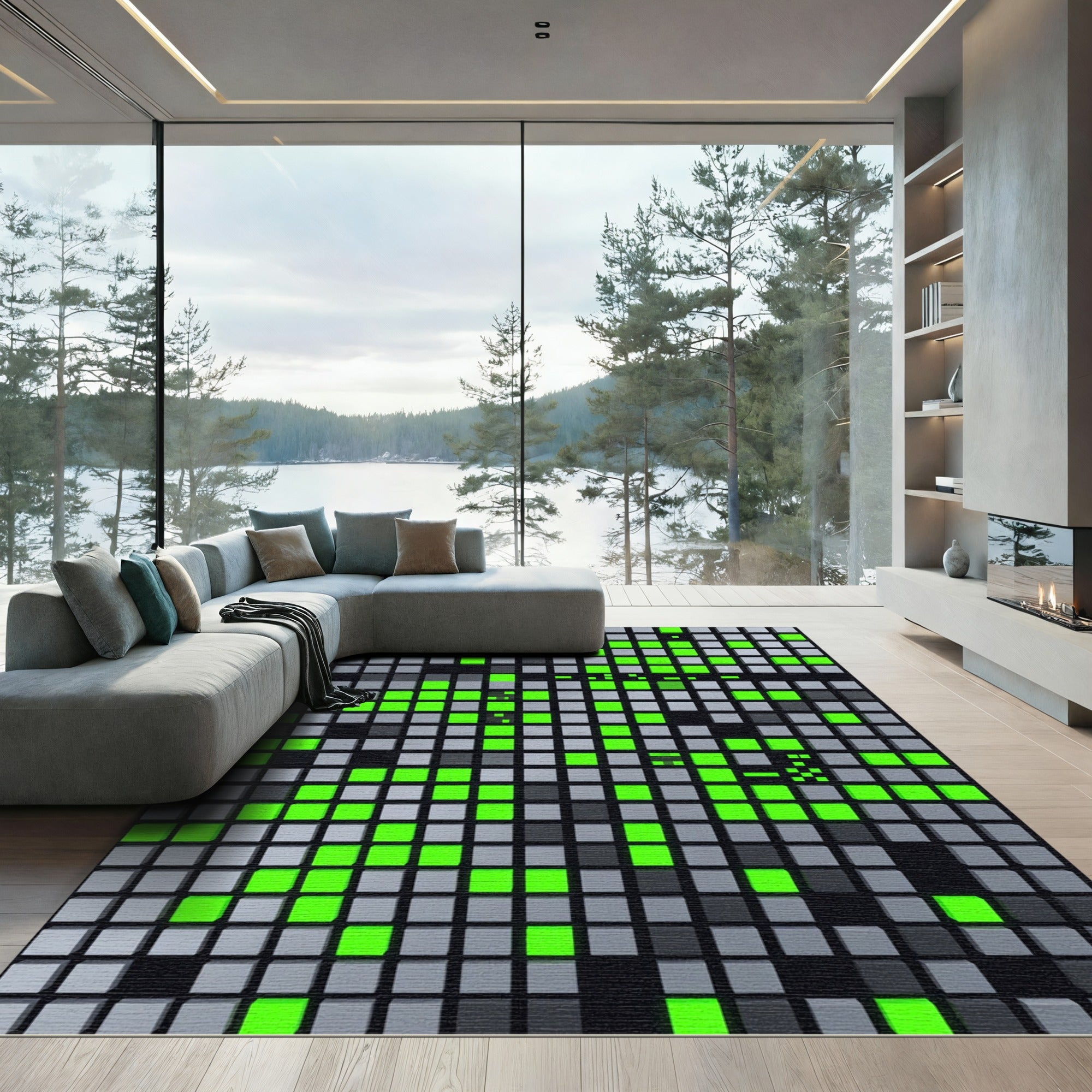 Neon Green Gray Digital Grid Rug