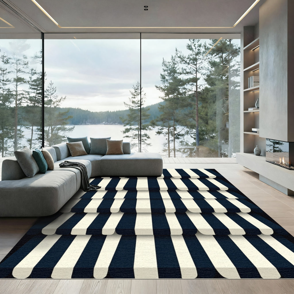 Classic Navy Cream Striped Awning Rug
