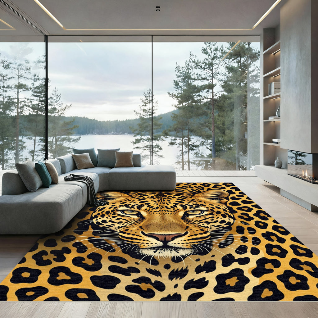 Golden Leopard Face Bold Print Rug
