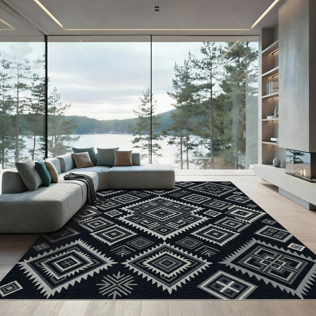 Monochromatic Diamond Ethnic Geometric Rug