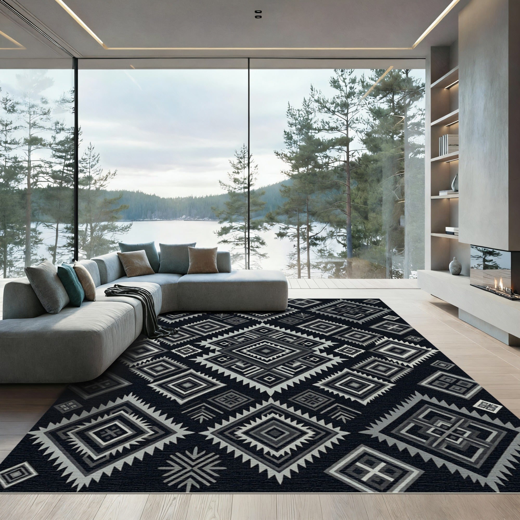 Monochromatic Diamond Ethnic Geometric Rug