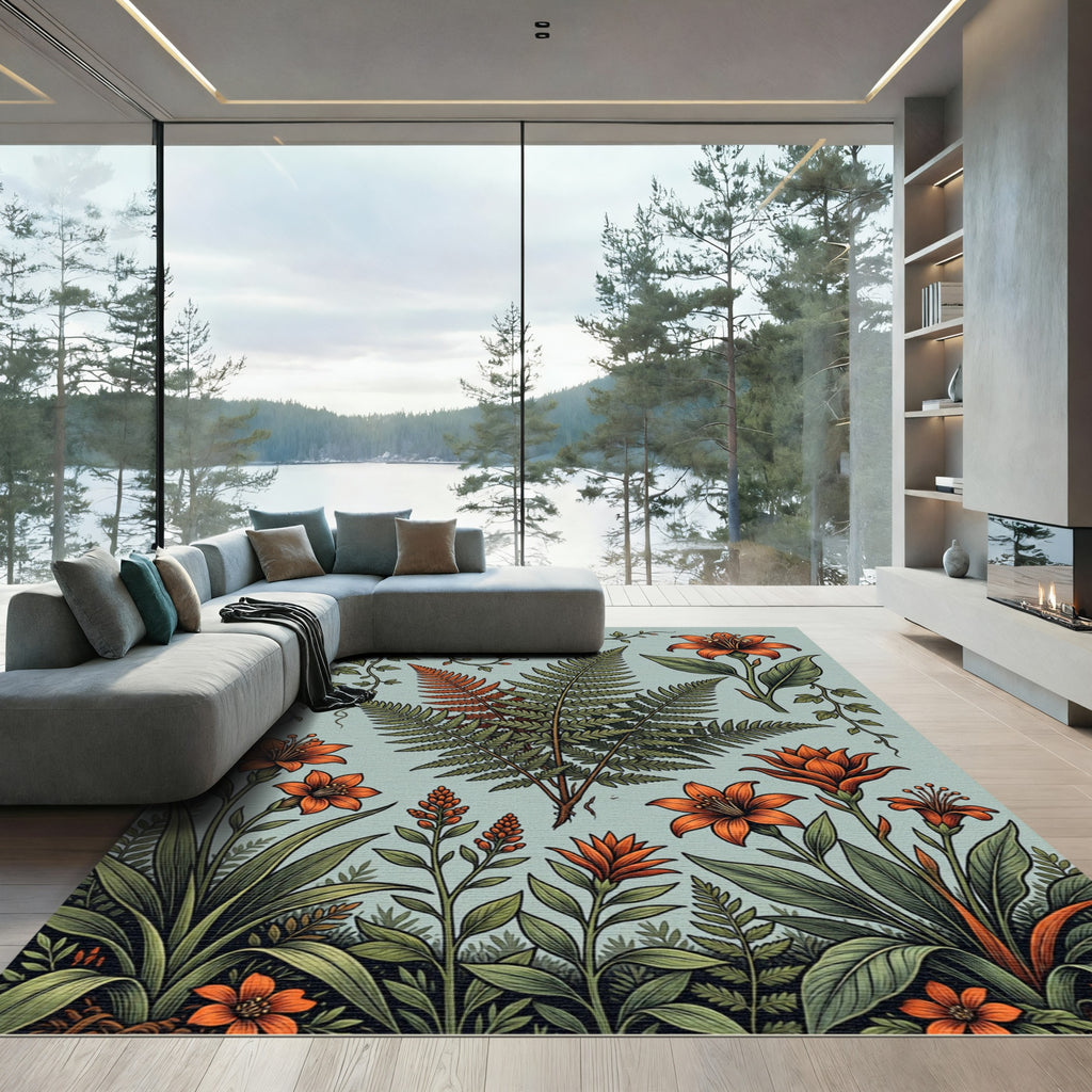 Orange Botanical Fern and Lily Meadow Rug