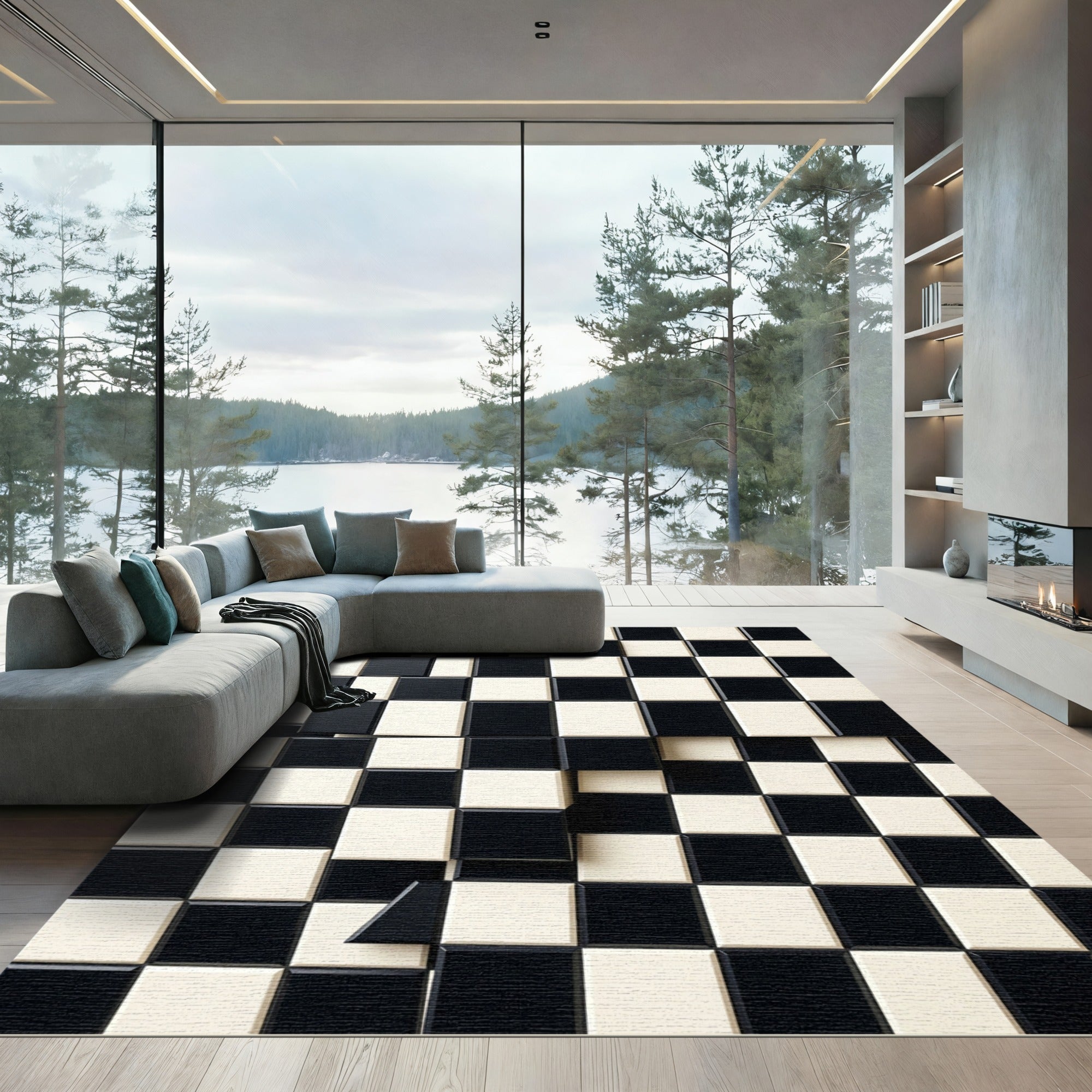 Modern Monochromatic Geometric Interlocking Checkered Grid Rug