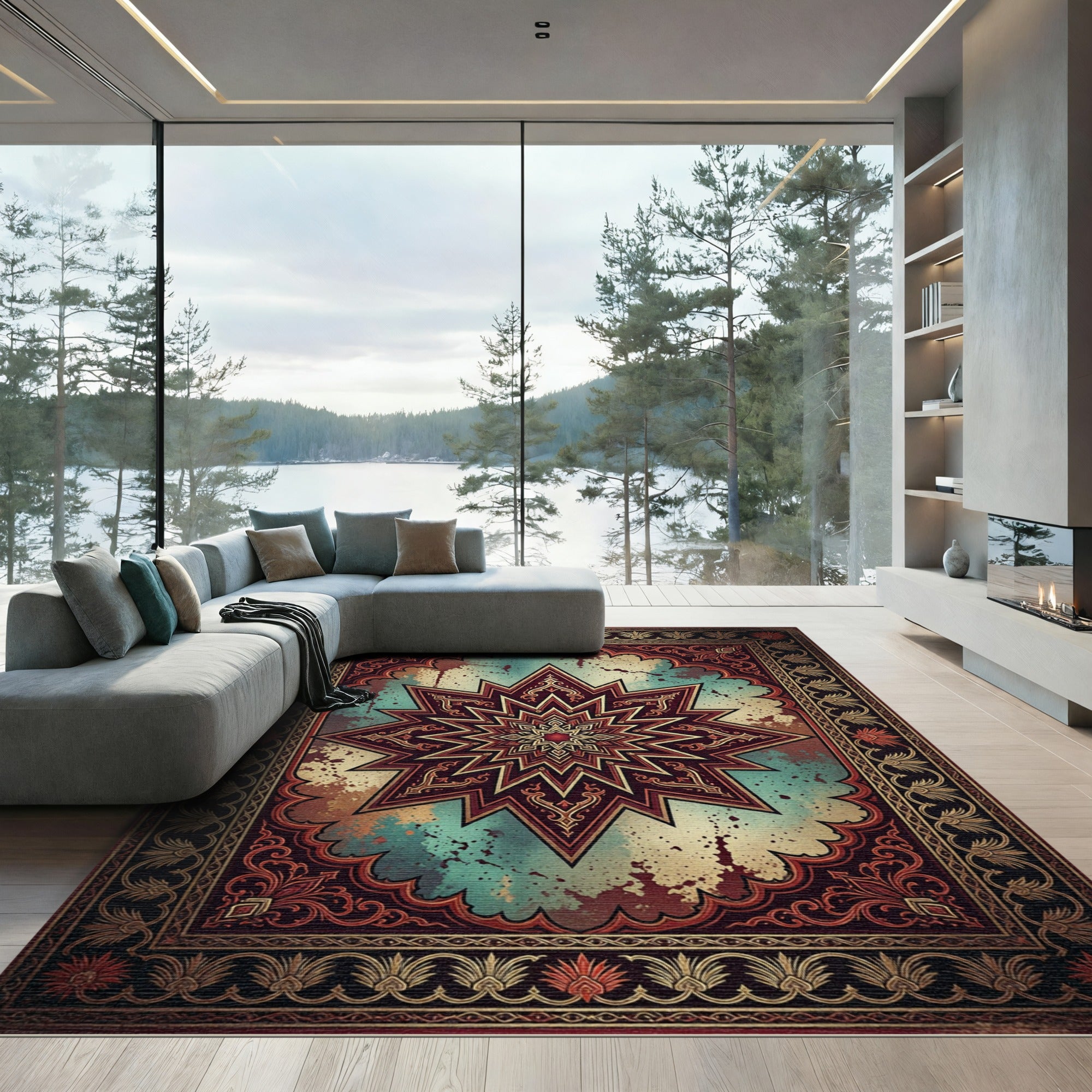 Starry Crimson Teal Ornate Geometric Medallion Rug