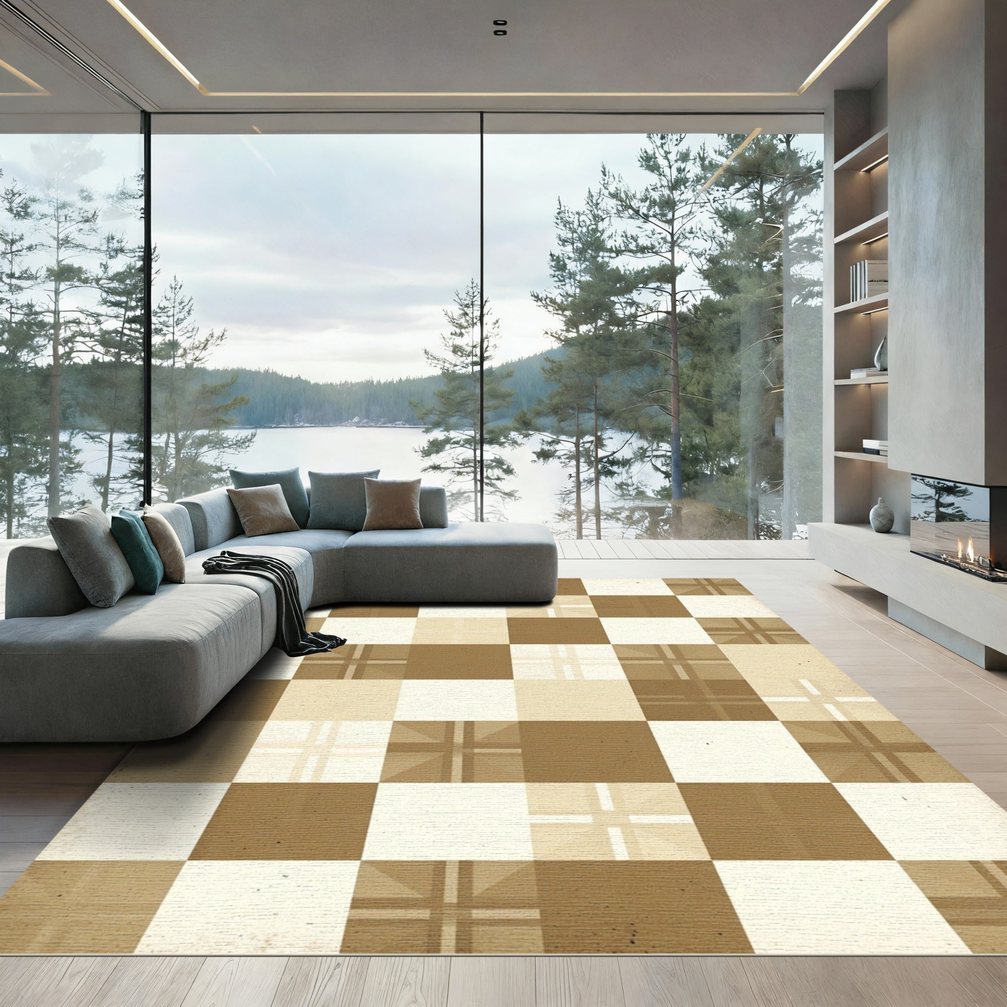 Neutral Tonal Plaid Checkered Geometric Rug