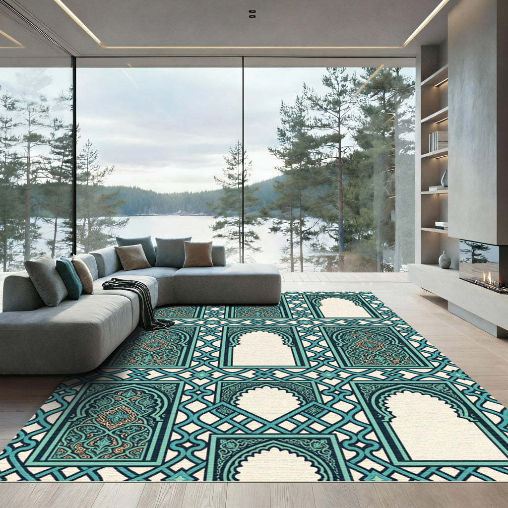 Teal Cream Arched Inlay Geometric Rug