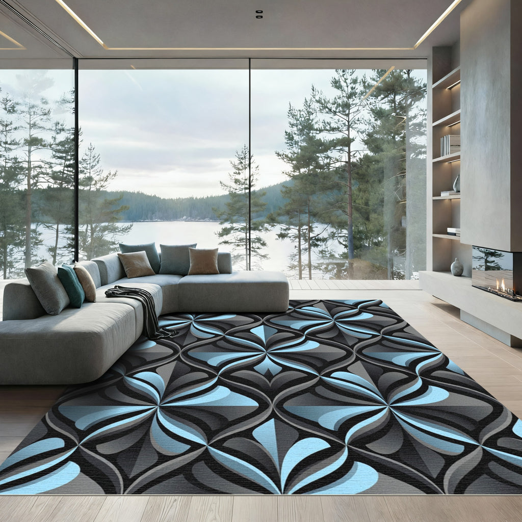 Sophisticated Blue and Charcoal Art Deco Lattice Rug