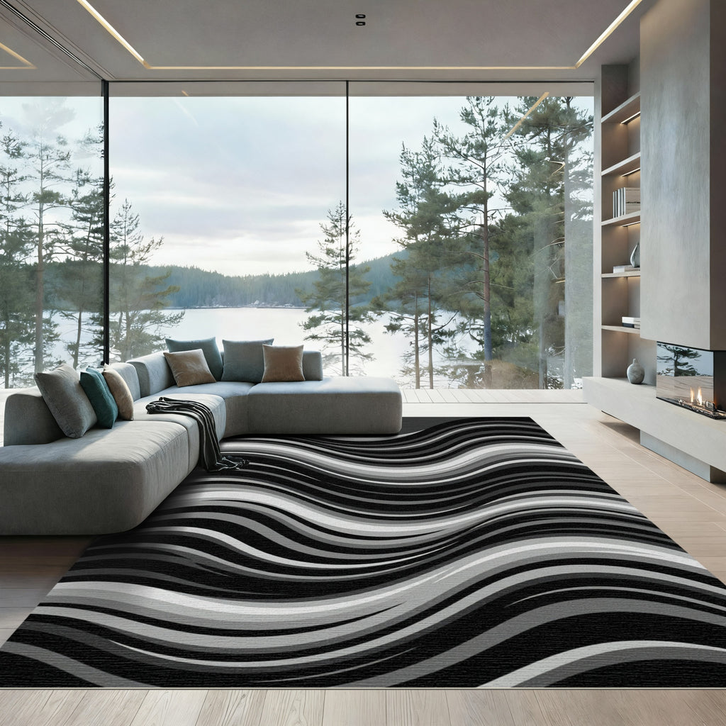 Monochrome Abstract Flowing Wave Rug
