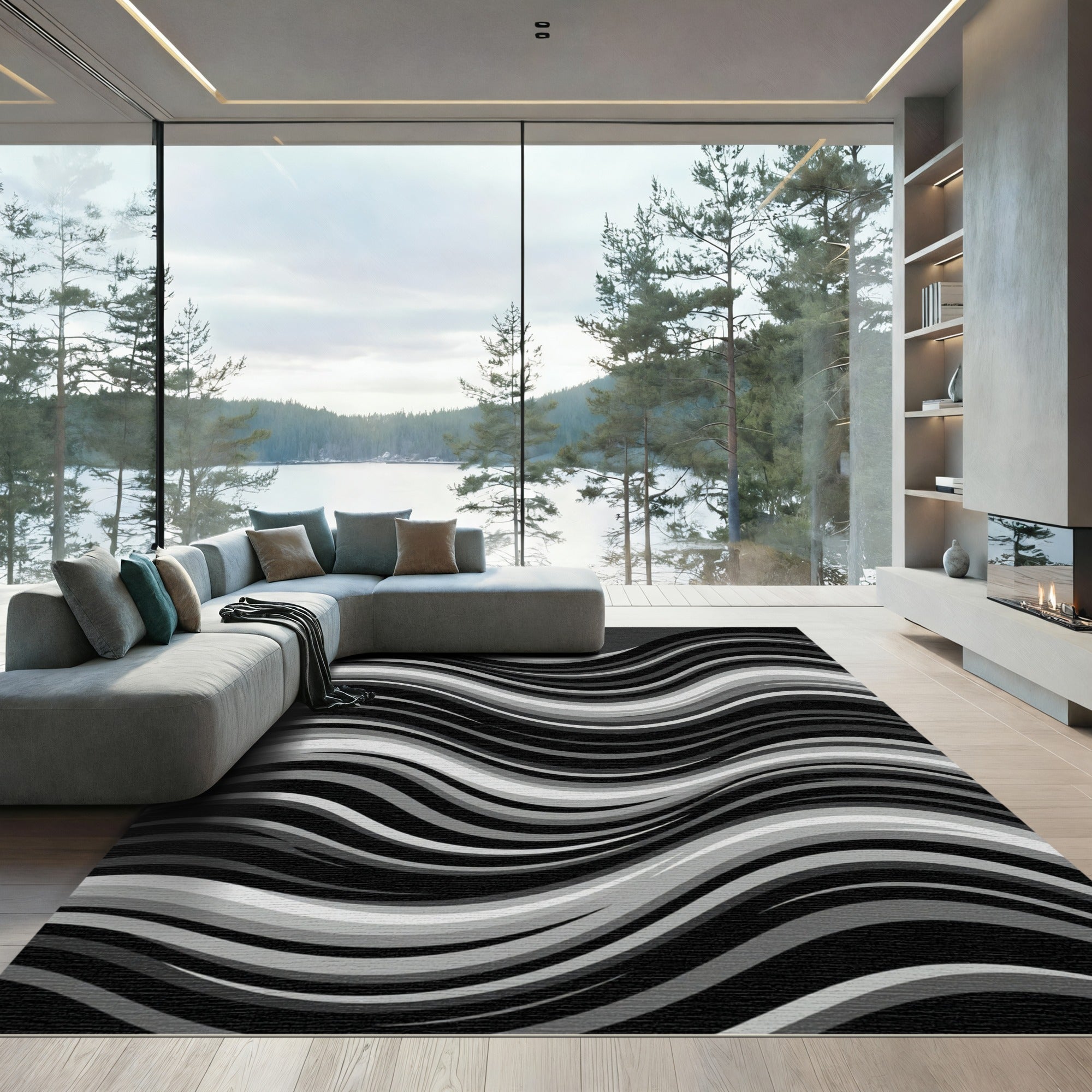 Monochrome Abstract Flowing Wave Rug
