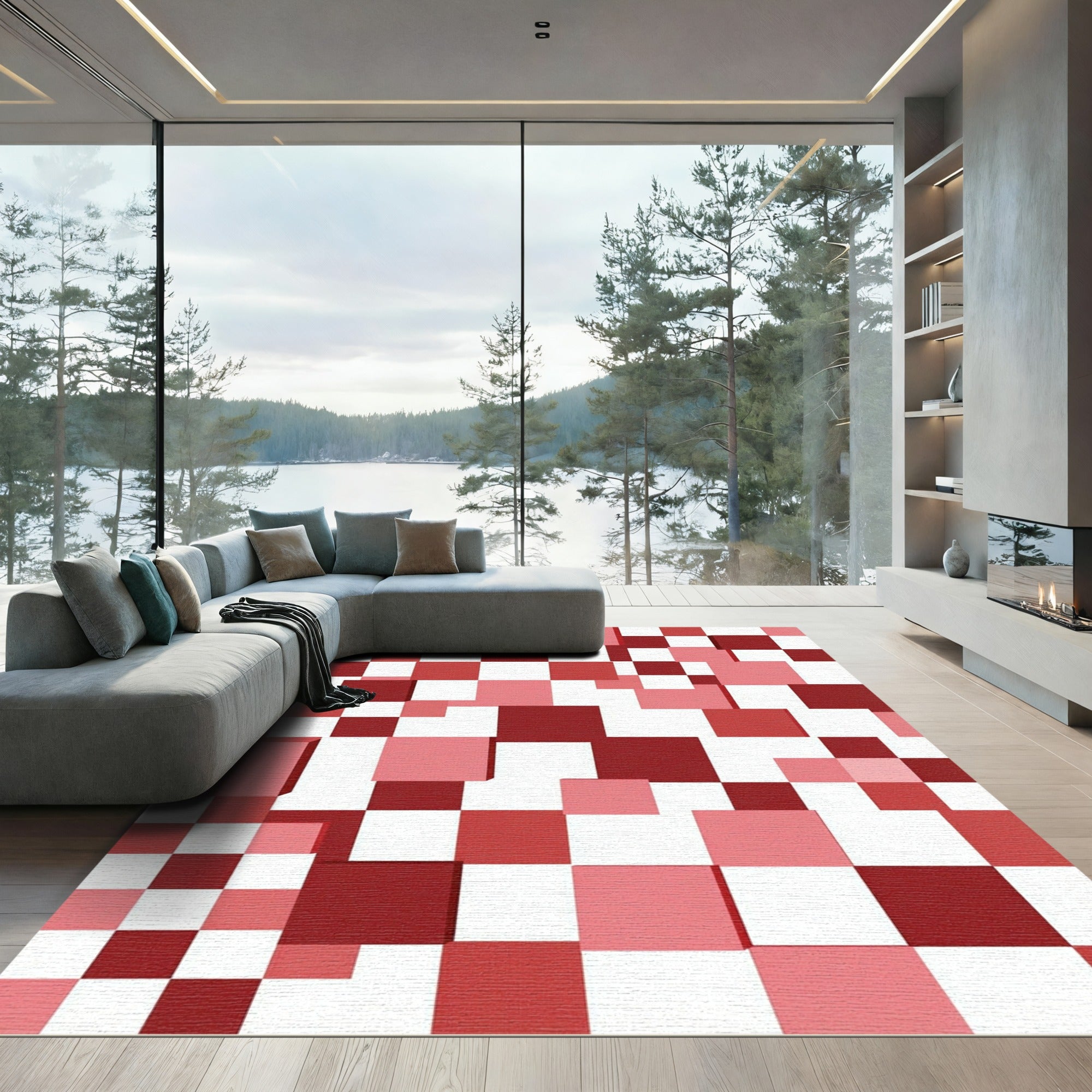 Modern Crimson Pink Block Grid Rug