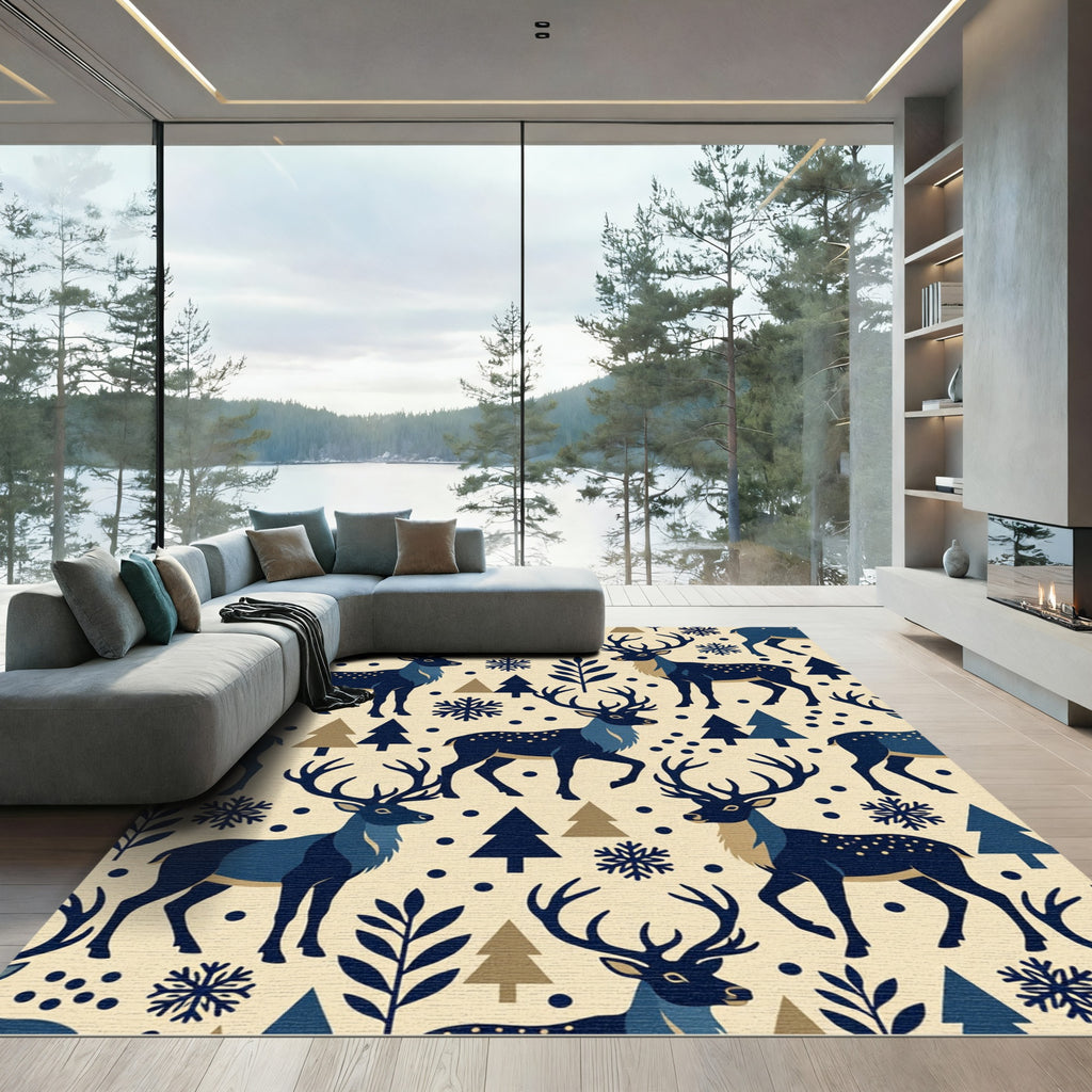 Navy Winter Reindeer and Snowflake Silhouette Rug