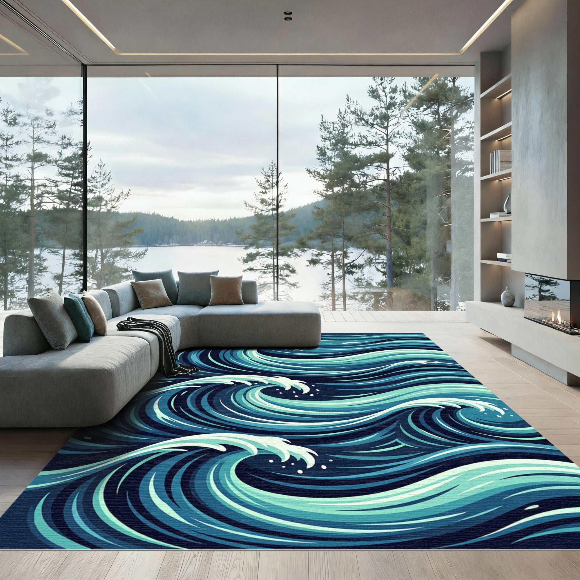 Abstract Blue Ocean Wave Swirls Rug