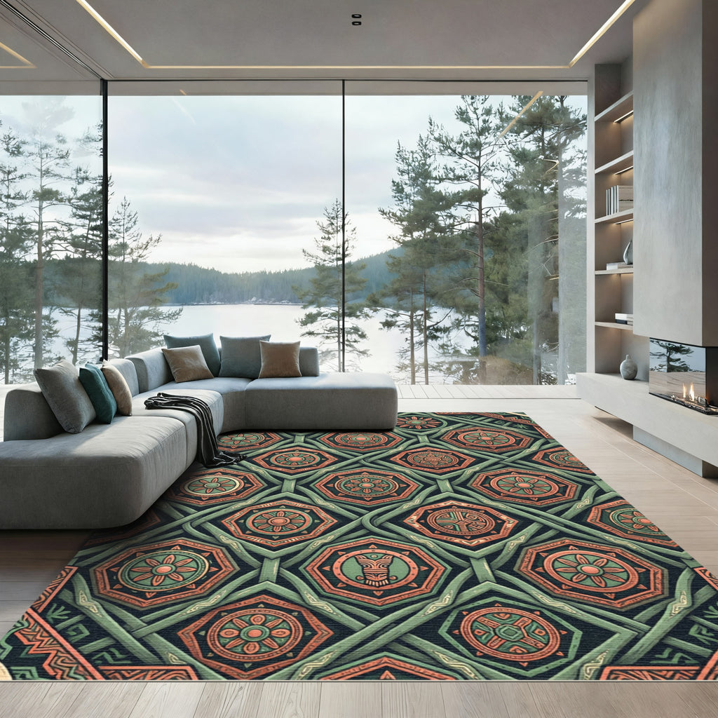 Sage And Terracotta Geometric Hexagon Tile Rug
